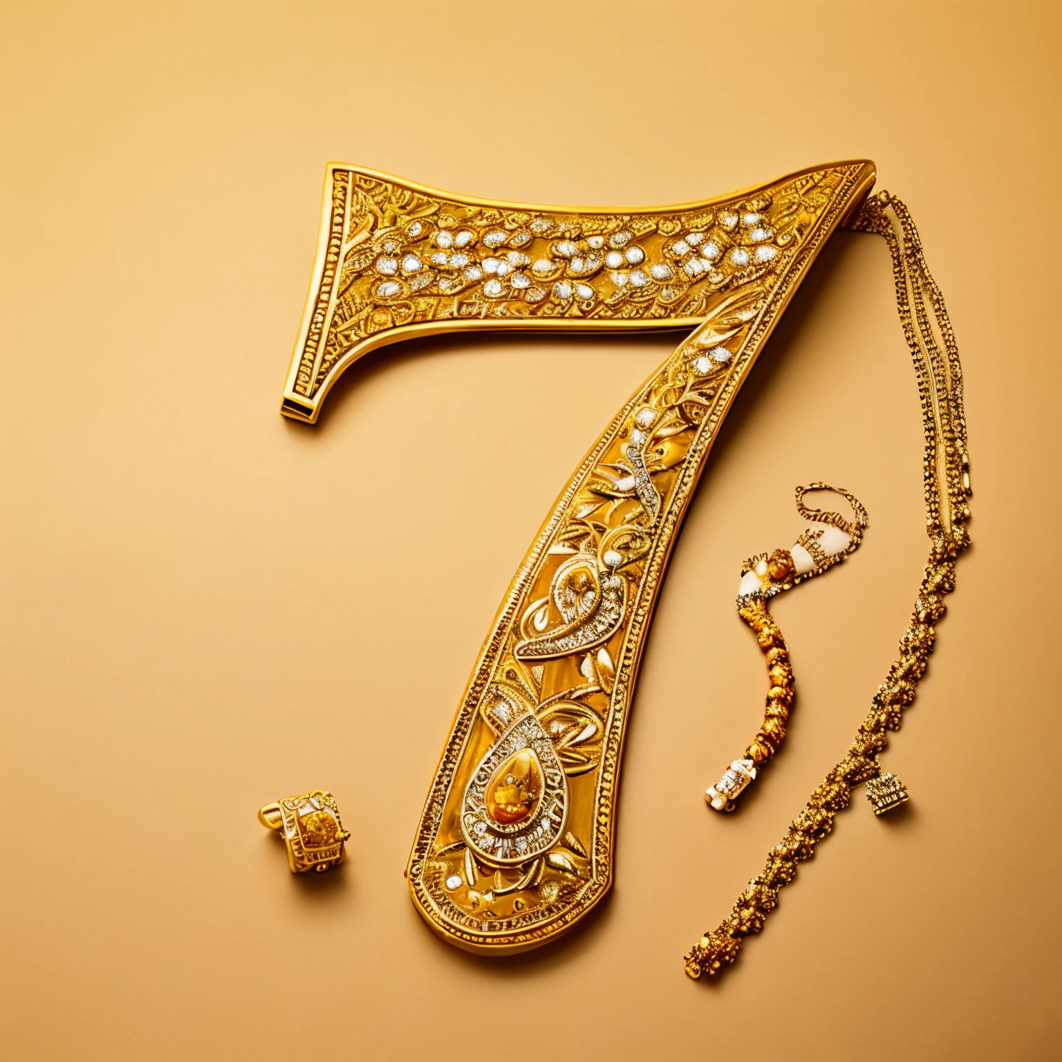 Decorated with jewelry、objects、golden colored