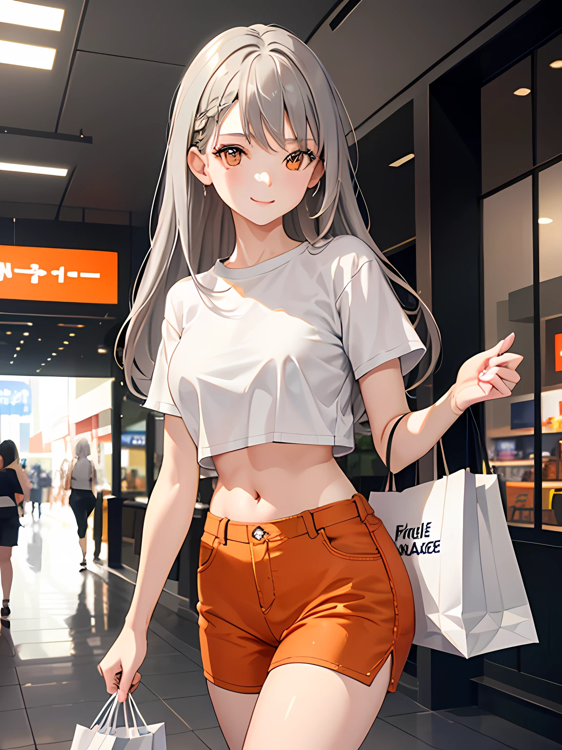 masterpiece, best quality, 1 girl, gray hair, orange eyes, t shirt, midriff, walking, looking around, indoors, (shopping mall), (upper body:1.1), smile