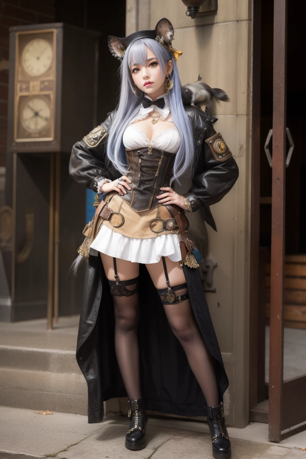 Female idol covered in rats、full body Esbian、、Steampunk fashion full of rats(Silver)、Colorful hair、