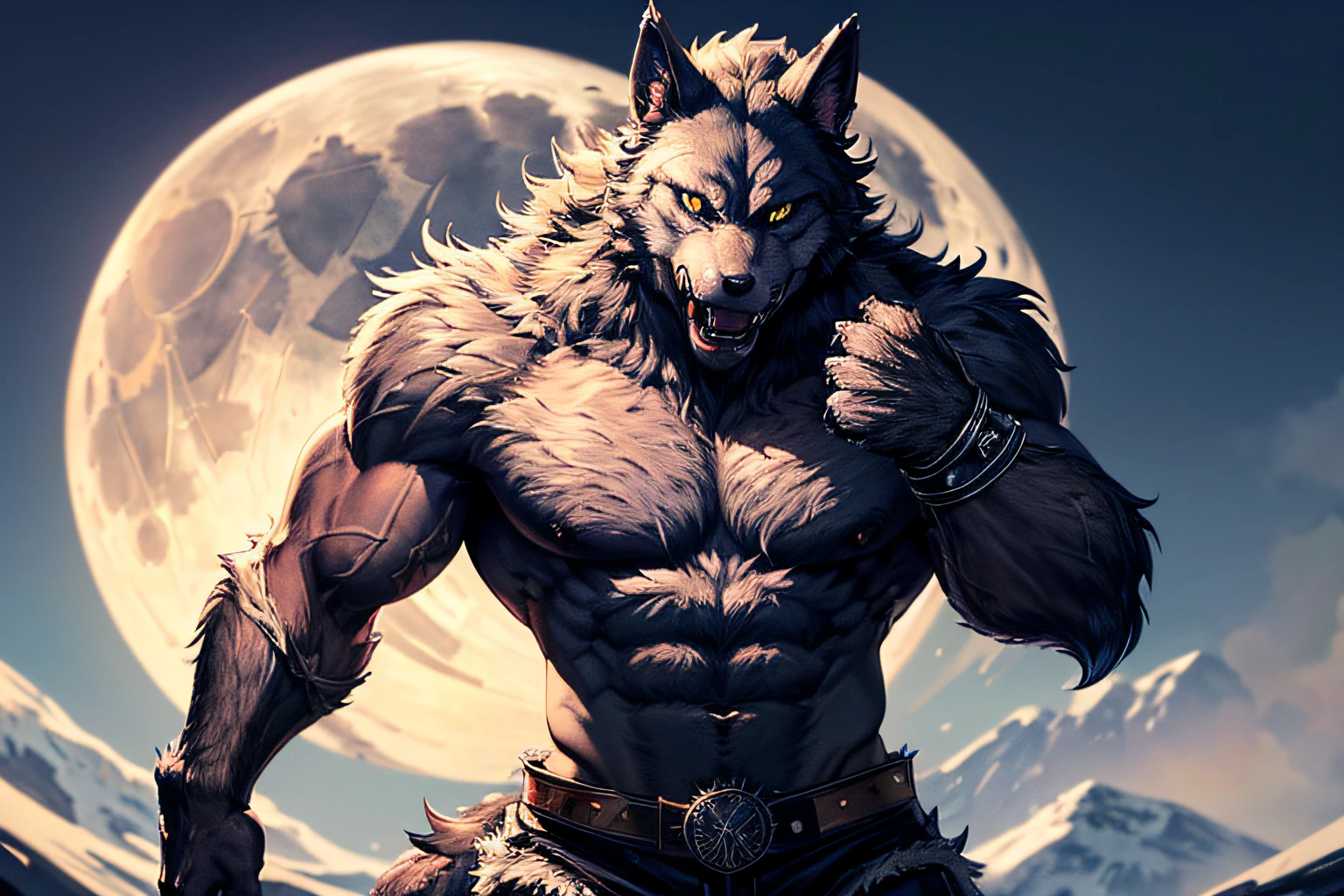 (Very elaborate 8K wallpapers), Complex and high-definition,​masterpiece,top-quality, (Solo), (Realistic Wolf Beastman), (werewolf man:1.7), (((Realistic wolf head))), (The Monster), (daemon), ((Eyes glow red)), (Fangs are visible through the open mouth), (long tongue sticks out), (sharp claws:1.3), (hight resolution,4K Portrait, Best Vtaper Bodybuilding:1.2), (Werewolf torso,Protective harness:1.2), (((The whole body was covered with wolf hair))),　(Show off the best pecks of his muscles Chiseled abs Muscular thighs:1.7), (beef cakes, Ripped, buff, shredded, jack, beefy, hunk, Metapectoralis muscle :1.5), (leather pant), ((Open your hands and show sharp claws:1.4)), (Fighting Dynamic Pose:1.4), (Moon and castle background),(Blue Full Moon), Fantasy Worldwide, masutepiece,Best Quality,ultra-detailliert,Dramatic,