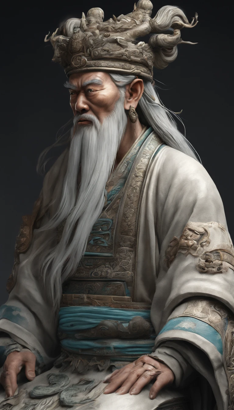 chinese paintings;ink portrait,Taoist god statue front portrait,Audience visual inspection,Immortal Wind Road Bone,White haired man,Spirited。Coarse linen。cyan blue background。hyper HD, retinas, tmasterpiece, Acura, Anatomically correct, Award-Awarded, high high quality, high detal, super detailing, ctextured skin, Best quality at best, A high resolution, 1080p, k hd, 4K, 8K, 16k。
