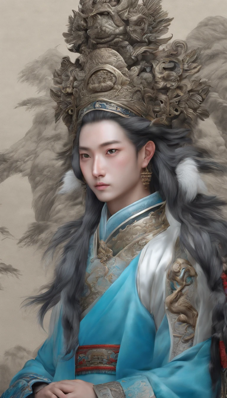 chinese paintings;ink portrait,Taoist god statue front portrait,Audience visual inspection,Immortal Wind Road Bone,White haired man,Spirited。Coarse linen。cyan blue background。hyper HD, retinas, tmasterpiece, Acura, Anatomically correct, Award-Awarded, high high quality, high detal, super detailing, ctextured skin, Best quality at best, A high resolution, 1080p, k hd, 4K, 8K, 16k。