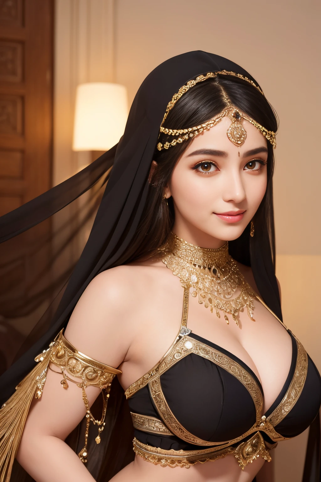 bellydancer, cleavage, hijabi, Absurd, ultra-detailed, high quality, masterpiece, detailed face, beautiful eyes(detailed eyes), Greek mythology Goddess, Hestia, goddess of the hearth and home, gentle and graceful, face exudes warmth and kindness, eyes described as soft and comforting, gentle and steady gaze, overall appearance is simple and modest, The fabric of her garments is usually depicted as soft and earth-toned, beauty lies not in extravagant adornments, Her smile is serene and welcoming