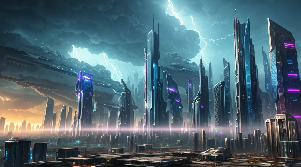 futuristic urban city, skyscrapers, cyberpunk, abandoned, wasteland, 3d landscape, sunrise in background, thunder storm, highest quality, masterpiece, very detailed