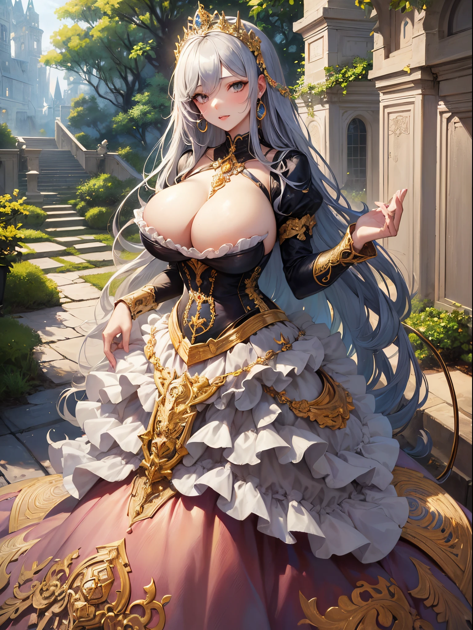 ultra-detailed, extremely detailed,((anime artstyle)),Masterpiece,(Best Quality),(Super Detail),(Very Delicate and Beautiful),((Solo)),((full body)),full body,((detailed face and eyes)),perfect eyes, rendered eyes,jewel-like beautiful eyes,((1 princess in beautiful embroidery and jeweled gorgeous rococo ballgown with frilled voluminous full length hoop skirt)),((Crinoline)),beautiful embroidery and jeweled gorgeous rococo ballgown with frilled voluminous full length hoop skirt,(large amount of straight hair,extremely voluminous Very Long straight Hair,Absolutely Long Straight Hair),sparkly skin,(((very huge breasts))),Bursting breasts,cleavage,(fantasy castle,outdoors,outside the castle),long_gloves,extremely gorgeousfull jeweled hair ornament,(bling-bling extremely gorgeousfull jeweled tiara),(luxurious jewelry),full body,beautiful embroidery and jeweled gorgeous rococo ballgown with frilled voluminous full length hoop skirt