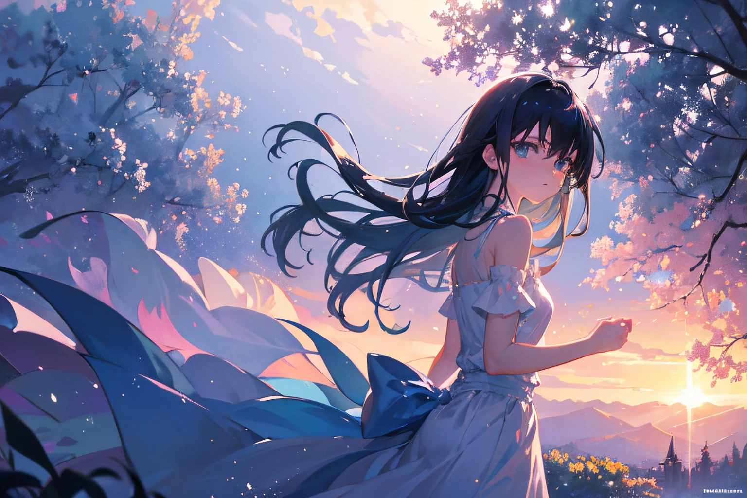 Anime girl in a white dress walking through a forest - SeaArt AI