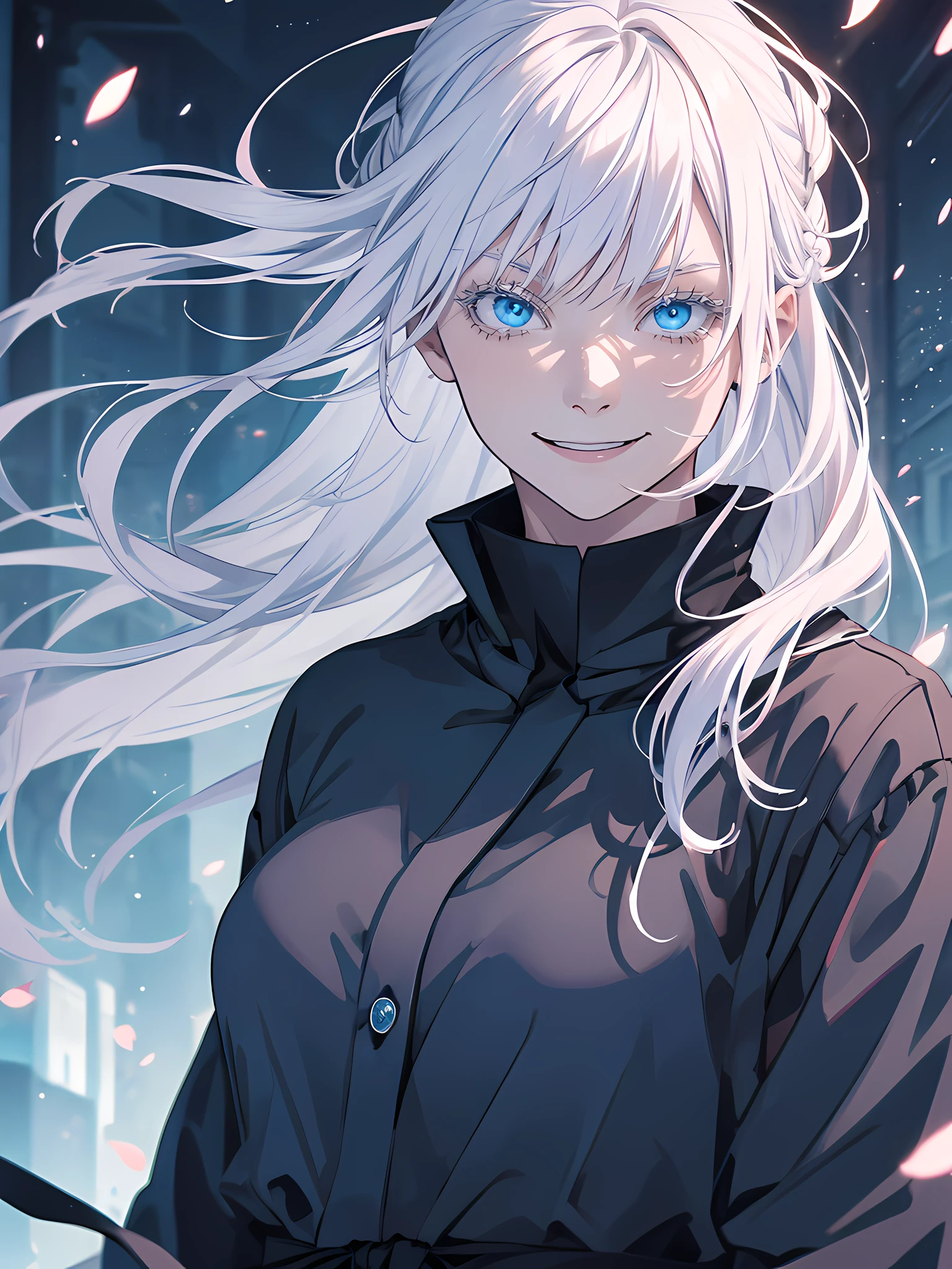 Woman, famale version, female, jujutsu kaisen, solo, alone, happy, smiling white hair, bangs, long hair, white eyebrows, white eyelashes, light blue eyes, black clothing, school, high quality, 4k resolution, anime