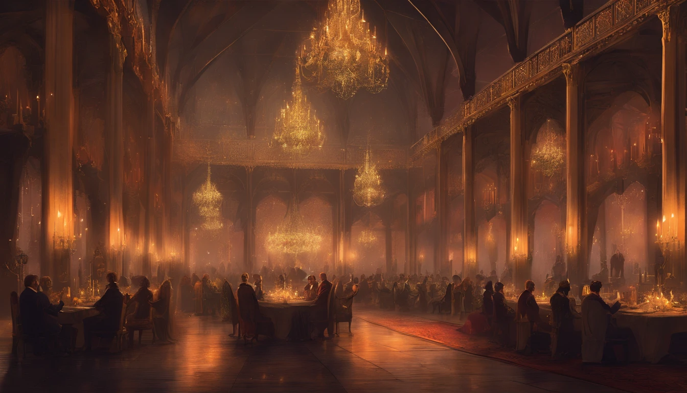 a grand medieval fantasy ballroom, candle lit and full of many esteemed nobles and guests, an opulent atmosphere