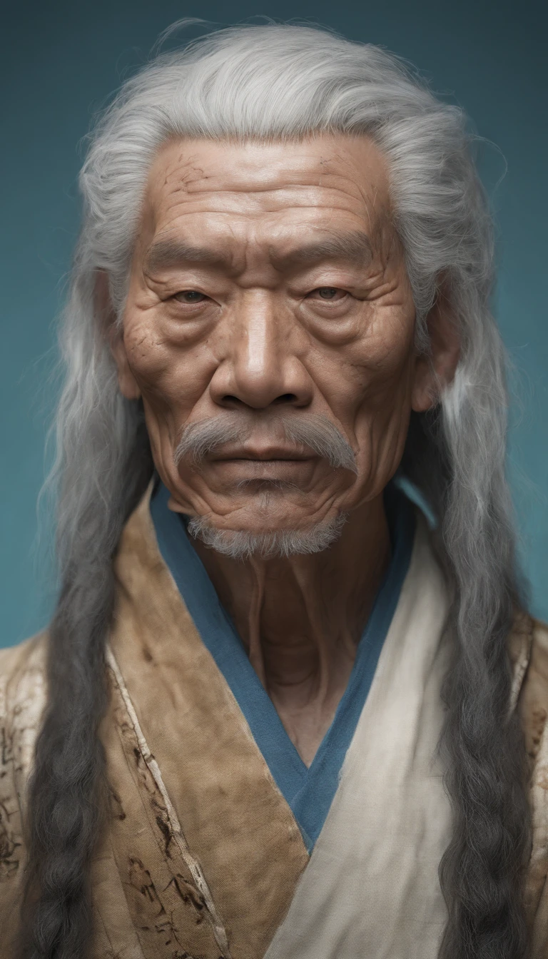 chinese paintings；ink portrait，frontal portrait of god，Audience visual inspection，Immortal Wind Road Bone，White haired man，energetic。burlap。cyan blue background。hyper HD, retinas, tmasterpiece, Acura, Anatomically correct, Award-Awarded, high high quality, high detal, super detailing, ctextured skin, Best quality, A high resolution, 1080p, k hd, 4K, 8K, 16k。