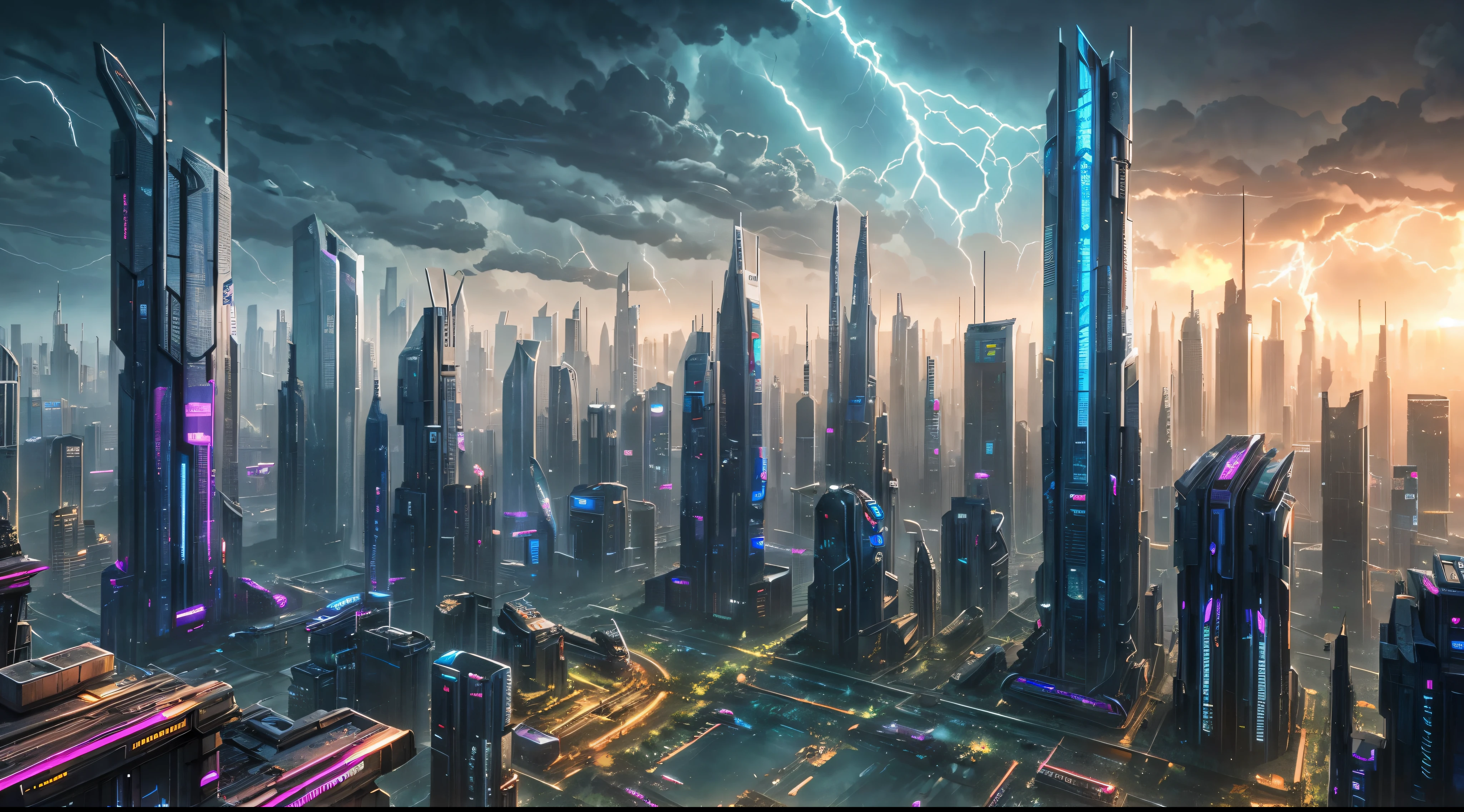 futuristic urban city, skyscrapers, cyberpunk, abandoned, wasteland, 3d landscape, sunrise in background, thunder storm, highest quality, masterpiece, very detailed