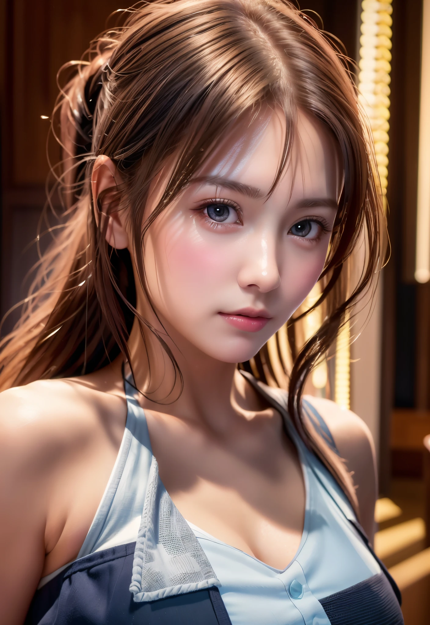 8K, of the highest quality, masutepiece:1.2), (Realistic, Photorealsitic:1.37), of the highest quality, masutepiece, Beautiful young woman, Pensive expression, Thoughtful look, Elegantly dressed, Hair tied back, Messy mood, Cinematic background, Tired, Light skin tone