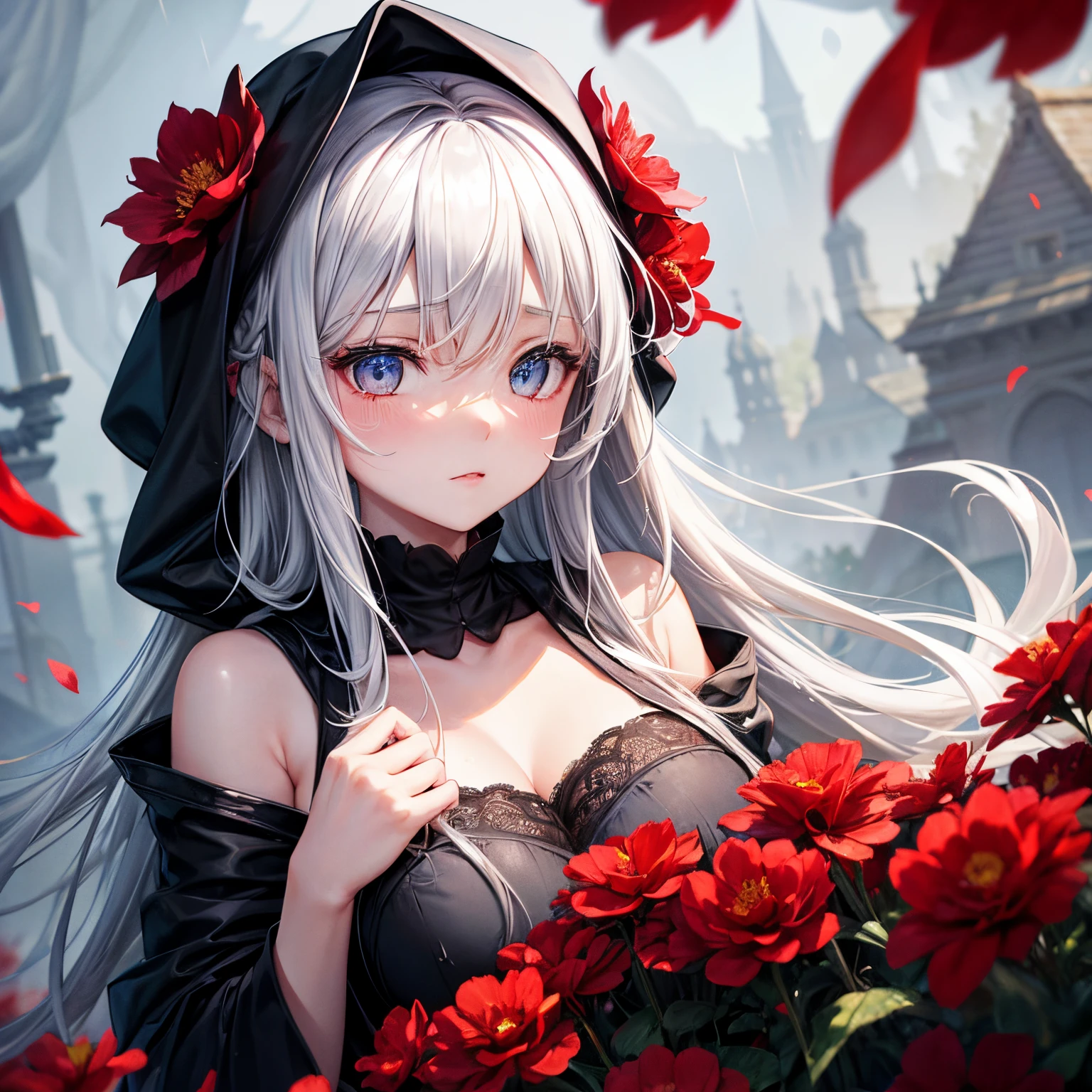 1 plump girl,Alone,1 plump girl,Alone,((beautidful eyes)), (detailedlight),depth of fields,(White hair),Silver Eyes,hair covering one eye,(red flower ), hairflower,Long gray hair,a black cloak,Wet with,There is no feeling,back to look back,natta,Starfall,it is raining,foggy part,red flowers falling,a sketch,Upper part of the body,intense shading,