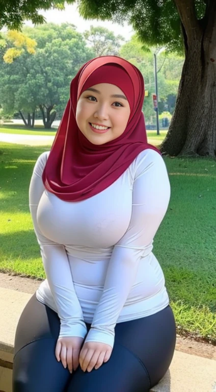 masterpiece, high quality photos, detailed photos, beautiful chubby Malay woman wearing a hijab, has super plump breasts, wearing a tight t-shirt, sexy leggings, big buttocks, posing smiling in the park, detailed body description, detailed facial description,