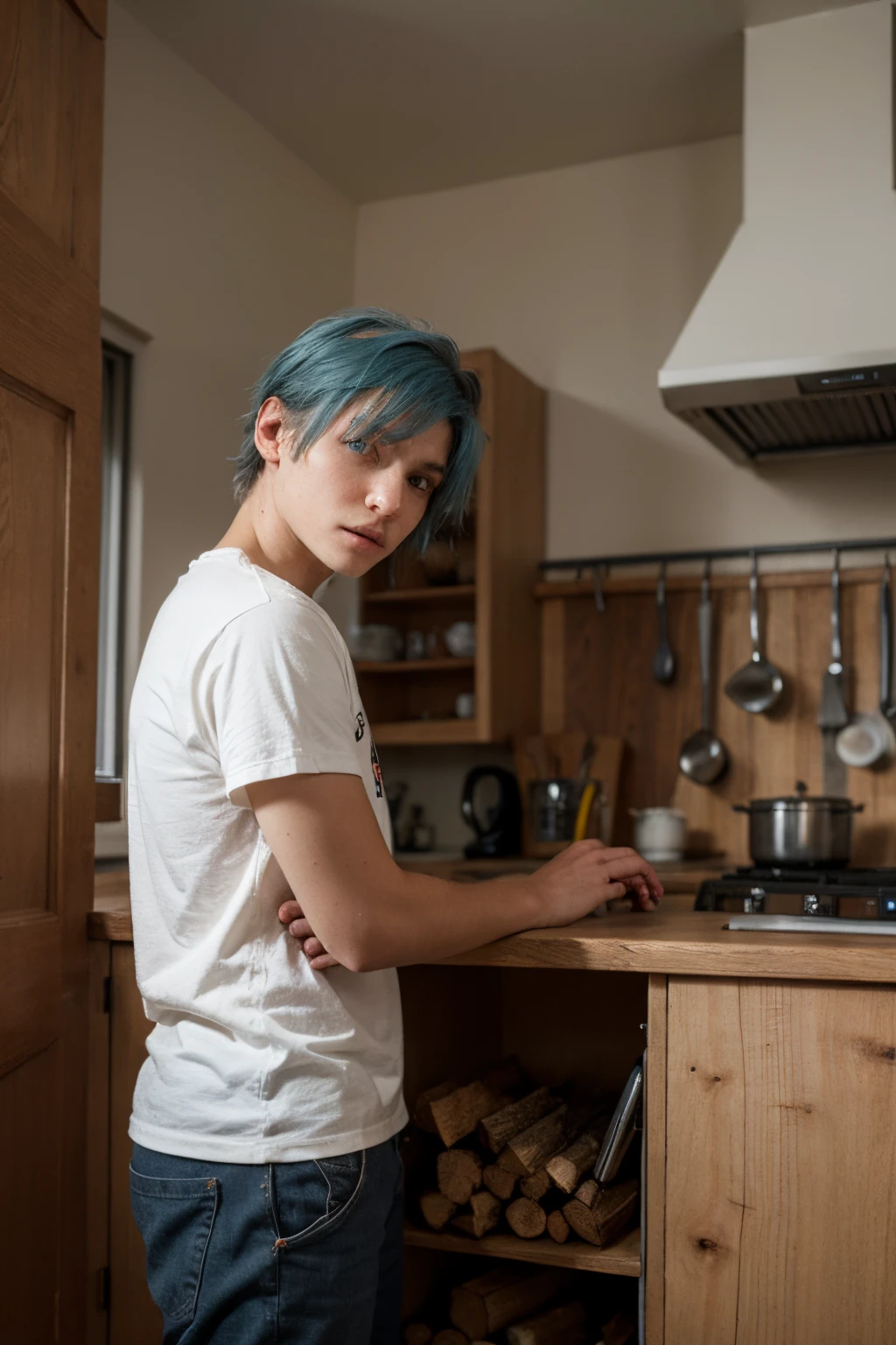 Best quality, masterpiece, ultra-high resolution, surrealism, firewood, moss piled in kitchen corner, an eighteen-year-old boy, blue hair, blue eyes,
