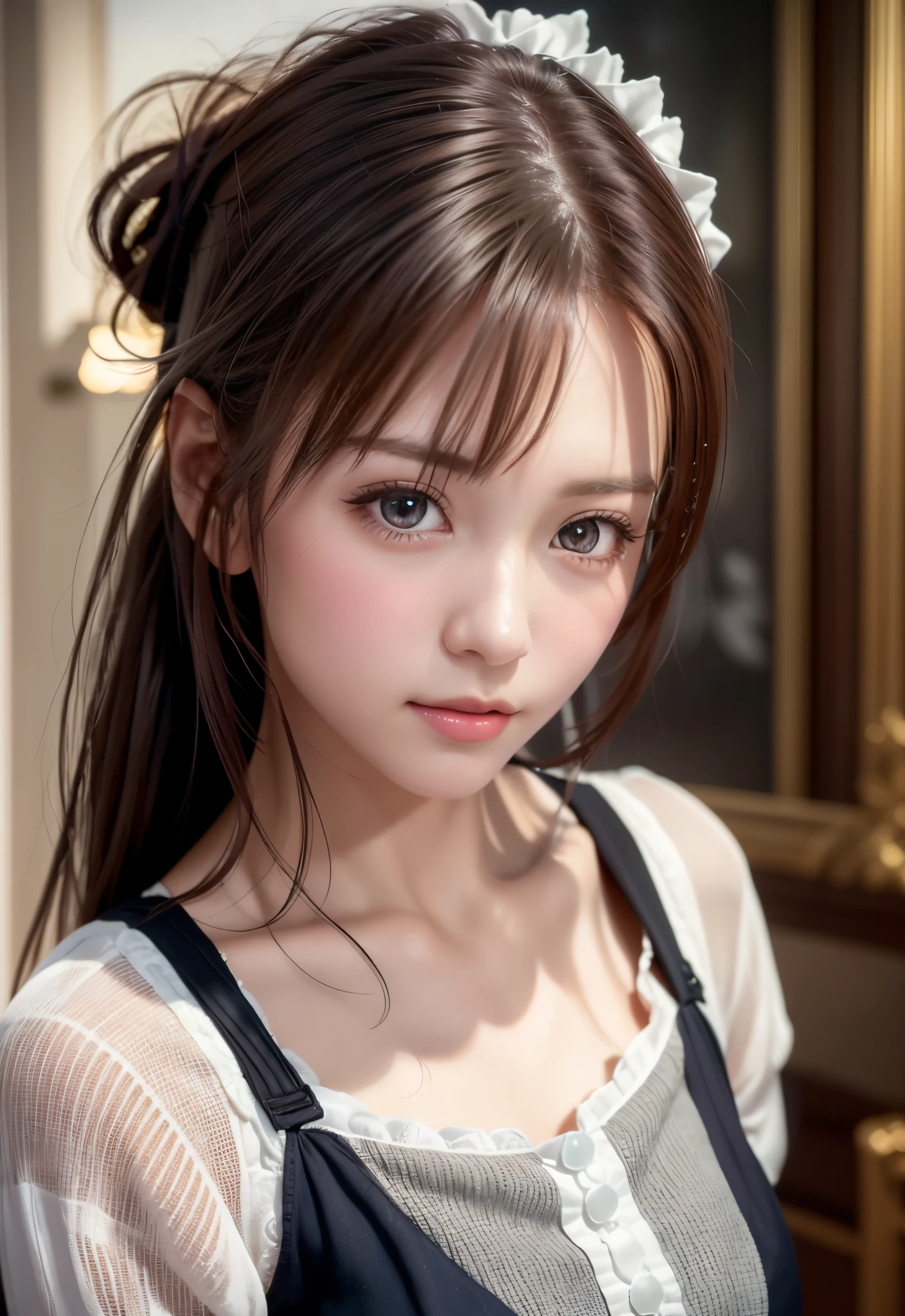 8K, of the highest quality, masutepiece:1.2), (Realistic, Photorealsitic:1.37), of the highest quality, masutepiece, Beautiful young woman, Pensive expression,、A charming、and an inviting look, Cute Maid Clothes, Hair tied back, Cinematic background, Light skin tone