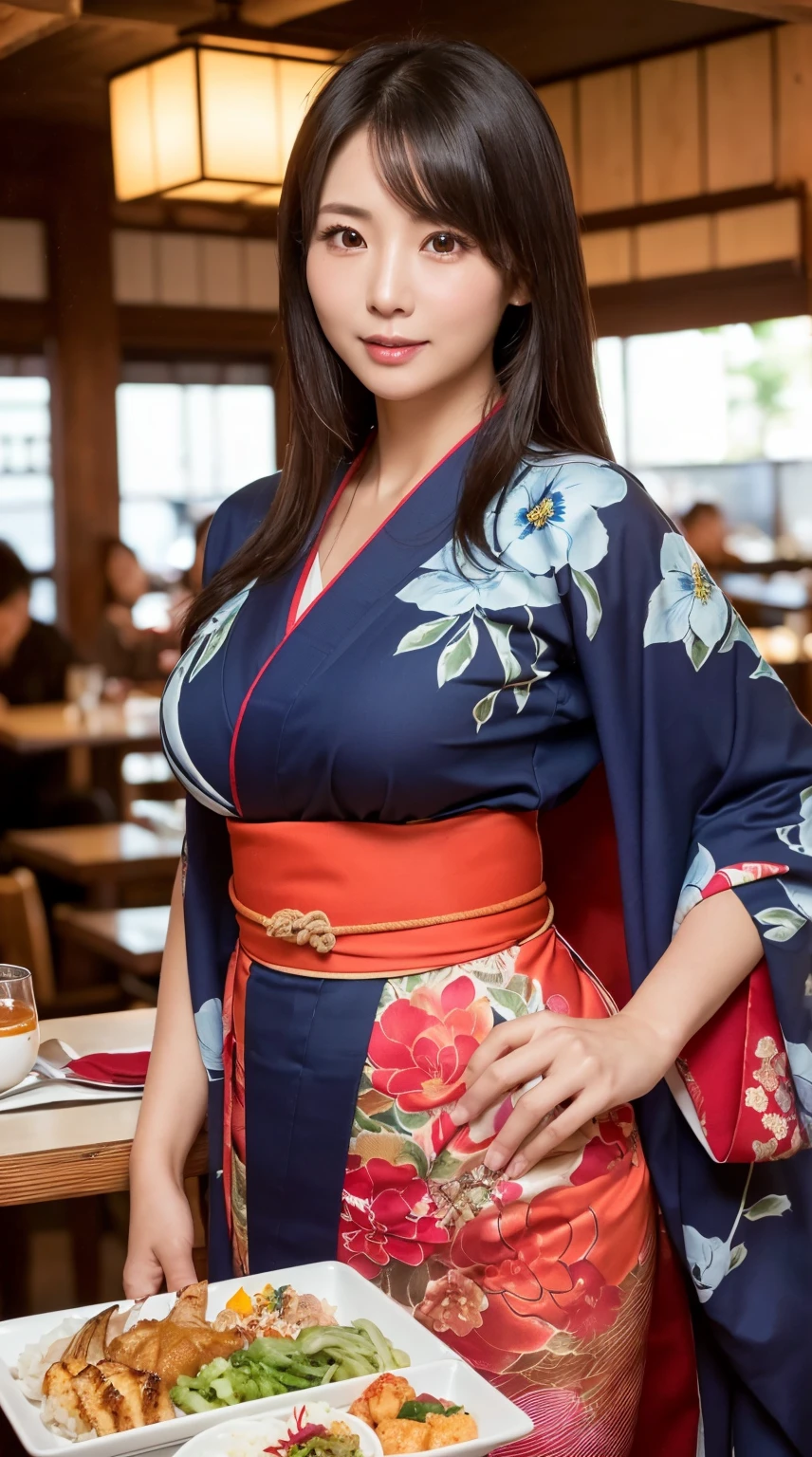 ((8K, Best Quality, Very detailed face, Very detailed eyes, Very detailed skin, Beautiful Japanese woman with perfect proportions, 50 years old, Looking at Viewer)), (Wearing kimono, Colossal tits, She has a tray with Japanese food on it..), ((restaurant))