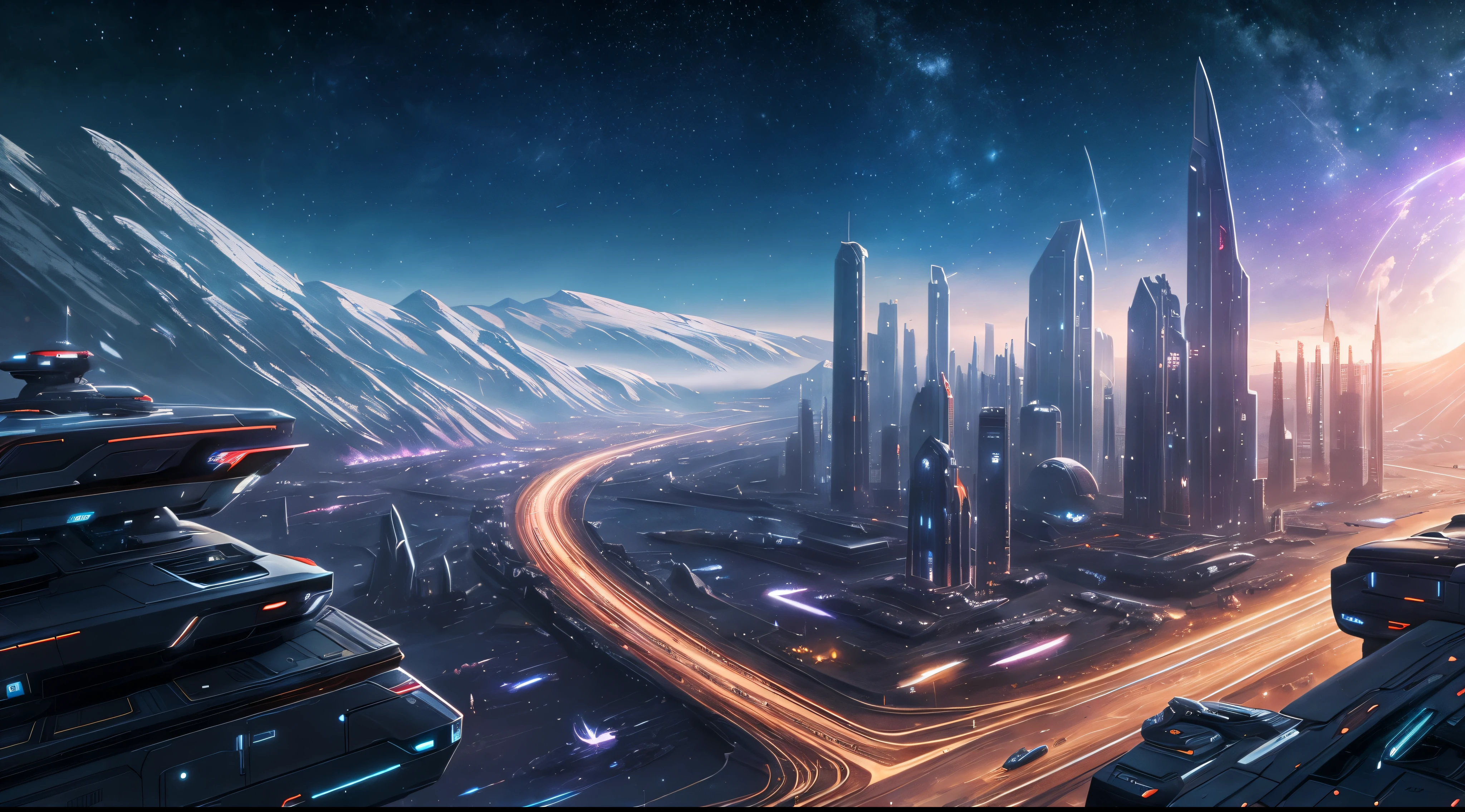 future city, landscape, no people, no cars, nebula background, space, sci-fi, fantasy, highest quality, masterpiece, very detailed