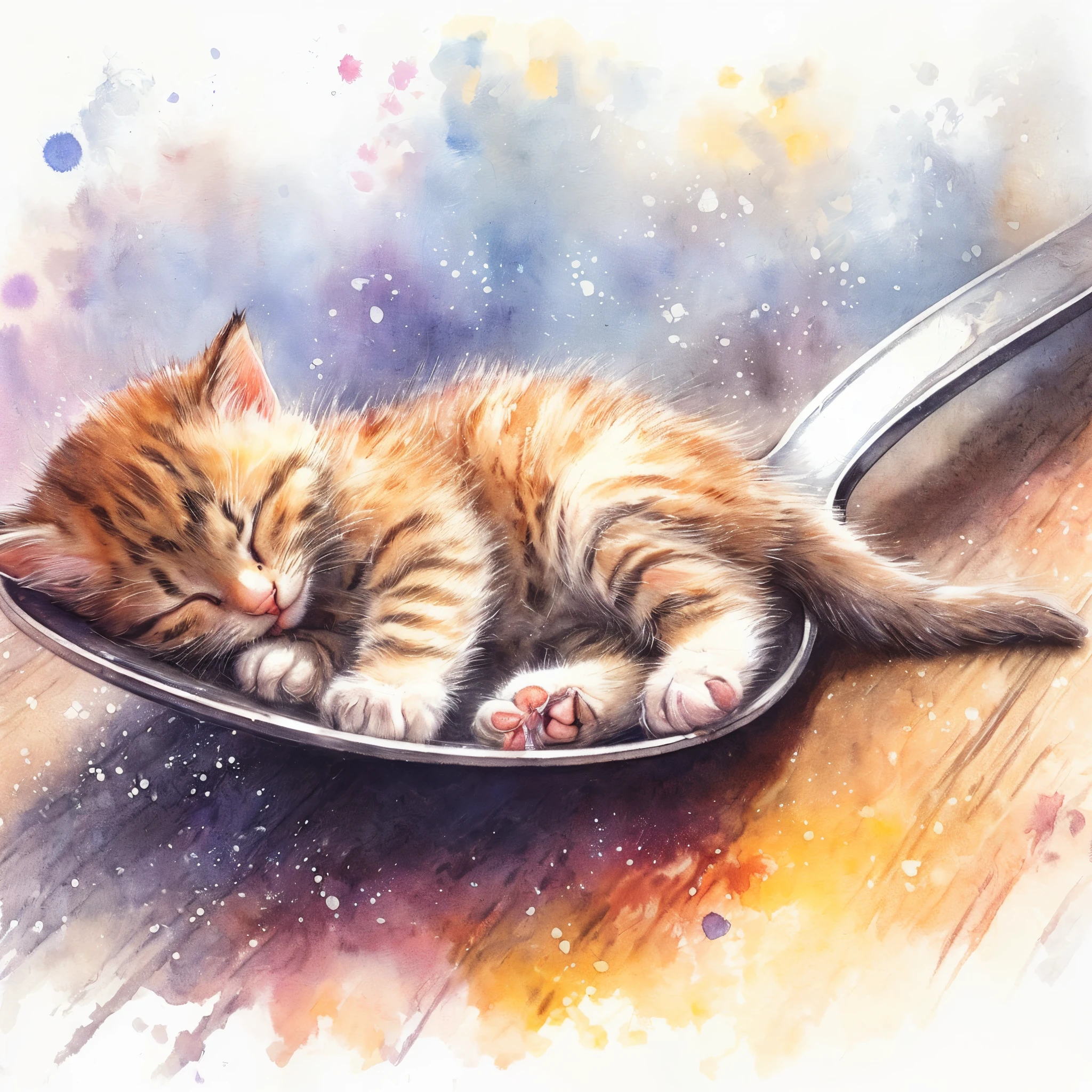 A picture of a kitten sleeping on a spoon in a spoon holder, Adorable Digital Painting, Realistic watercolor painting, Realistic watercolor painting, cute little,Detailed artwork, by Elaine Hamilton, beautiful artwork, Oil painting of a kitten, Cat painting, Detailed soft painting, Stunning artwork, Soft Airbrush Artwork, Nil Greyen, beautiful artist rendering