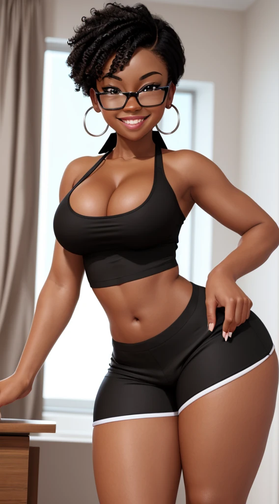 Nerd black woman wearing a sexy crop top and short, tight shorts, with perfect breasts, perfect butt and shapely legs, provocative eyes and a full, delicate mouth and an open smile with white teeth, in a luxurious room.