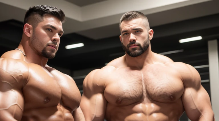 (Very detailed 8k wallpaper), two bodybuilding men, muscle worship, arms folded, At the gym, high detailing, buzzcut, very large and strong body, bulging muscles, well-muscled, very large pectoral muscles. Very sexy abs, legs are muscular, Toned figure, lightens oily skin, muscular, Tank top, T-shirt, longshot, Wide Shot