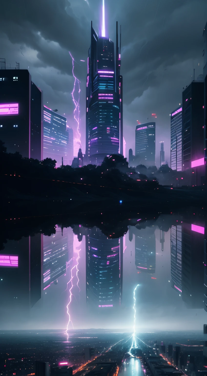 city of the future cyberpunked Cyber City cyber neon slums God of Destruction A glamorous goddess descends storm Realistic Rain