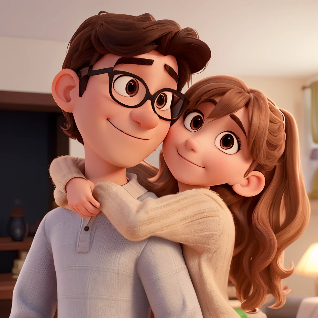 A 3D rendered Pixar poster of a couple taking a selfie inside a home that has beige walls and a white ceiling. Ella tiene el pelo largo naranja y no tiene gafas, He is wearing a light brown sweater and is holding his partner's chin while hugging him.. He has black hair and glasses, al igual que un saco negro con cuello tortuga. They are smiling and very close to each other. Alta calidad. warm light. Dibujos animados