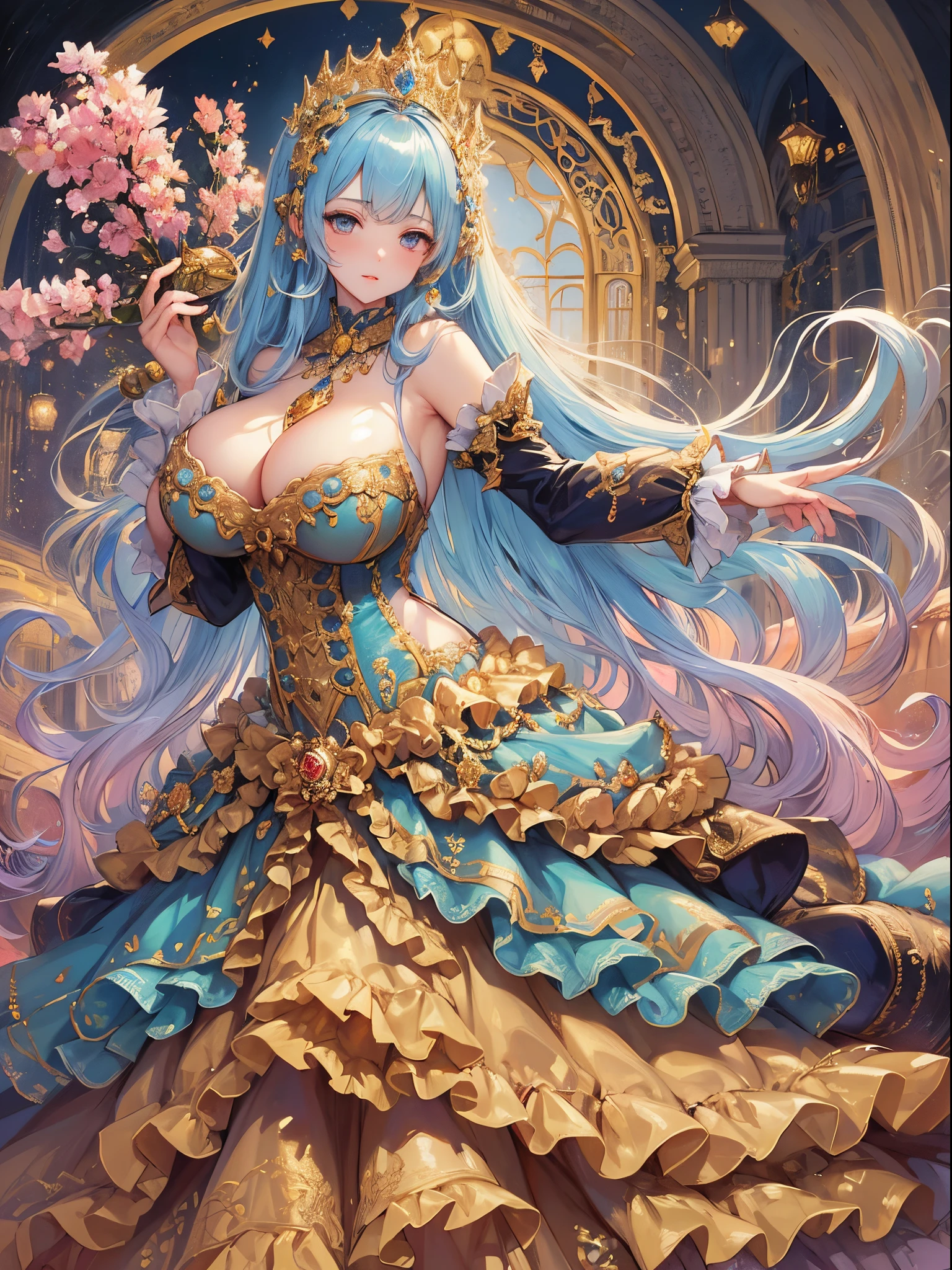 ultra-detailed, extremely detailed,((anime artstyle)),Masterpiece,(Best Quality),(Super Detail),(Very Delicate and Beautiful),((Solo)),((full body)),full body,((detailed face and eyes)),perfect eyes, rendered eyes,jewel-like beautiful eyes,((1 princess in beautiful embroidery and jeweled gorgeous rococo ballgown with frilled voluminous full length hoop skirt)),((Crinoline)),beautiful embroidery and jeweled gorgeous rococo ballgown with frilled voluminous full length hoop skirt,(large amount of straight hair,extremely voluminous Very Long straight Hair,Absolutely Long Straight Hair),sparkly skin,(((very gigantic boobs))),Bursting breasts,cleavage,(fantasy castle,outdoors,outside the castle),long_gloves,extremely gorgeousfull jeweled hair ornament,(bling-bling extremely gorgeousfull jeweled tiara),(luxurious jewelry),full body,beautiful embroidery and jeweled gorgeous rococo ballgown with frilled voluminous full length hoop skirt