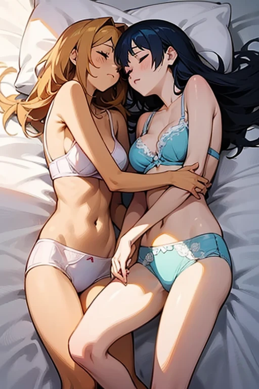 anime women sleeping in the same bed in just their bra and underwear