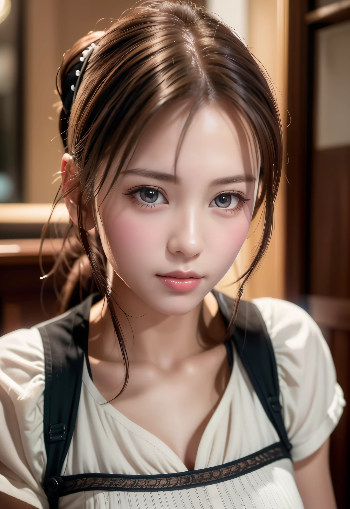 8K, of the highest quality, masutepiece:1.2), (Realistic, Photorealsitic:1.37), of the highest quality, masutepiece, Beautiful young woman, Pensive expression,、A charming、and an inviting look, Cute Maid Clothes, Hair tied back, Cinematic background, Light skin tone