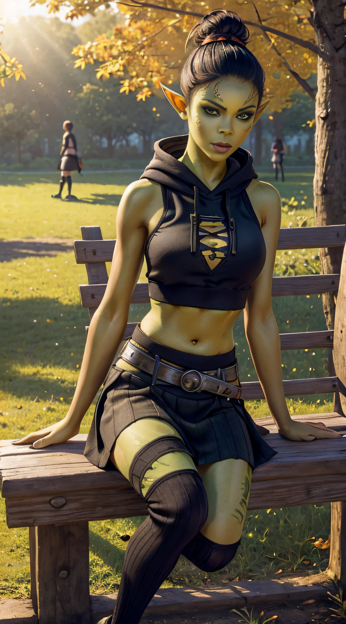 1girl, sexy githyanki, (green skin:1.3), black short hair bun, orange eyes, pointy ears, navel, midriff, (black crop hoodie:1.2), (black plain skirt:1.2), (black-and-white striped high socks:1.2), shoes on platform, belt, pouch, medium breasts, athletic, posing in the park, autumn, bench, black lipstick, black eyeliner, highly detailed face and eyes, sunlight, midday, best quality, masterpiece, realistic, anatomically correct, stunning details, intricate details, 8k post-production, high resolution, super details, trending on ArtStation, sharp focus, depth of field f/1.8, studio photos