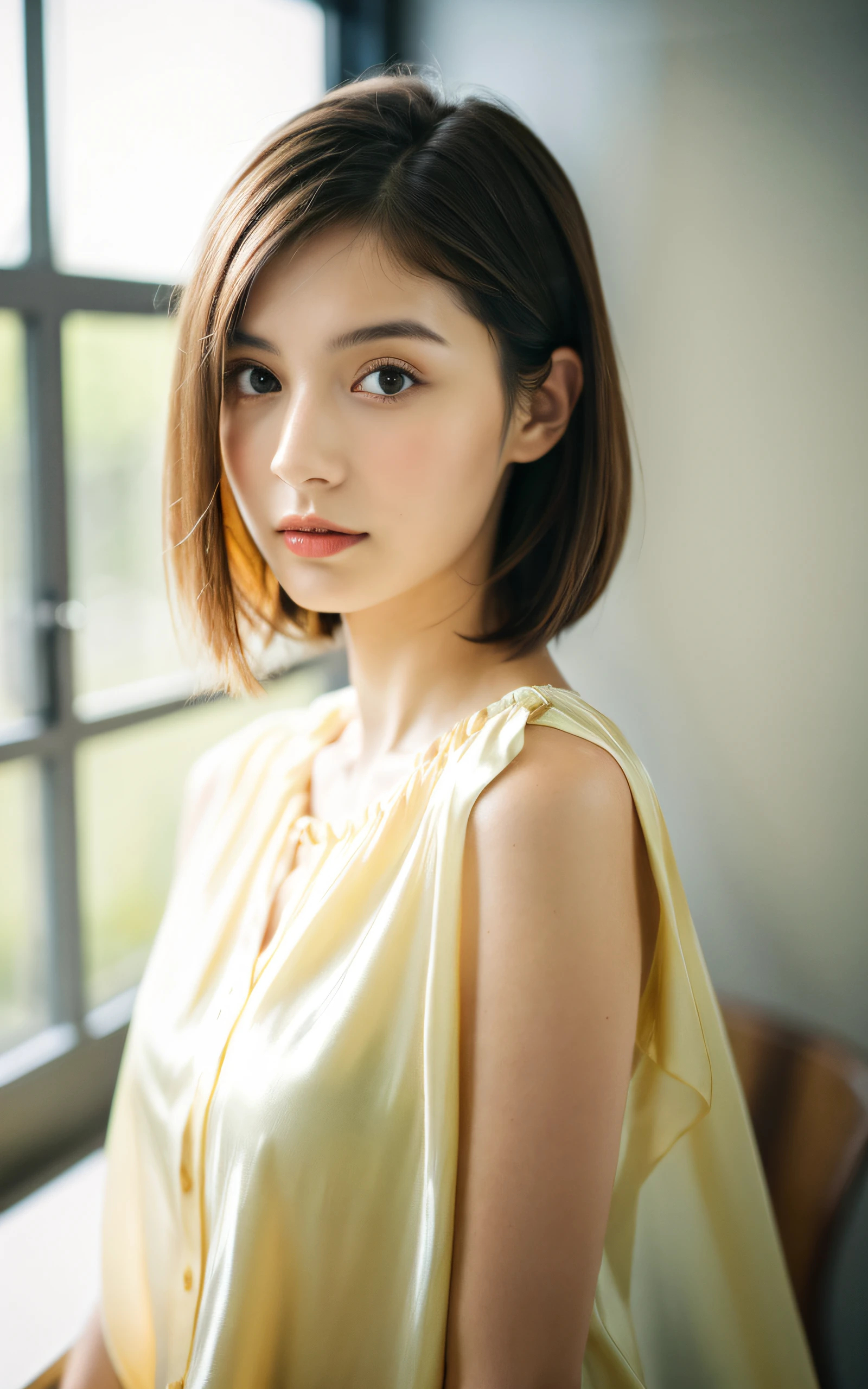 masterpiece, Best Quality, 8K, 1 girl, 20 yo, medium breast, cuddly, Solo, sad, breeze, Cute, Girly, Delicate girl, Neat and clean beauty, Raw photo, Professional Photography, Portrait, Soft light, Professional Lighting, Back lighting, Upper body, look forward to your eyes, Sophisticated, Film grain, (Eyes and faces with detailed:1.0), short length floating hair, beautiful brown flowing hair, silk blouse