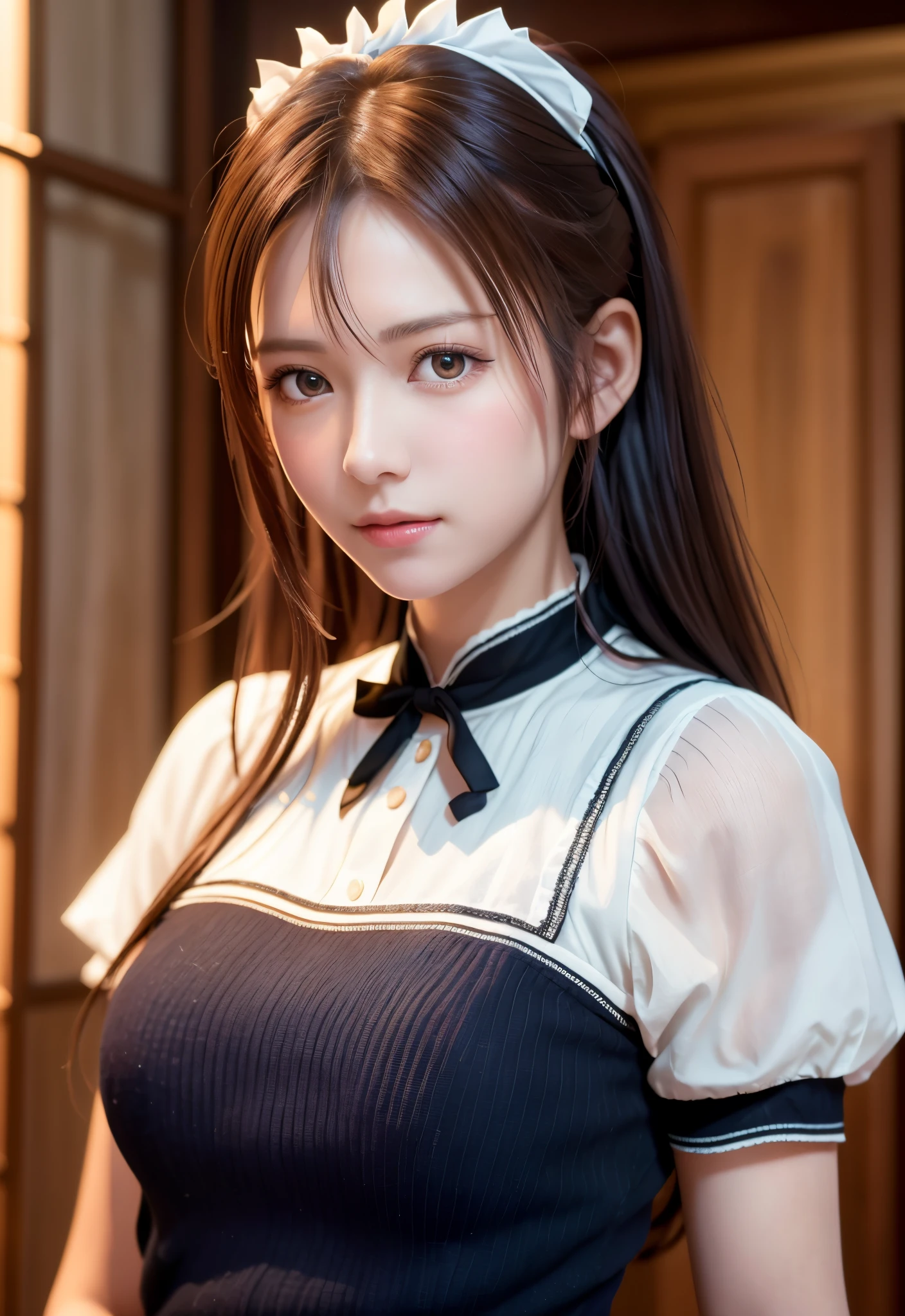 8K, of the highest quality, masutepiece:1.2), (Realistic, Photorealsitic:1.37), of the highest quality, masutepiece, Beautiful young woman, Pensive expression,、A charming、and an inviting look, Cute Maid Clothes, Hair tied back, Cinematic background, Light skin tone