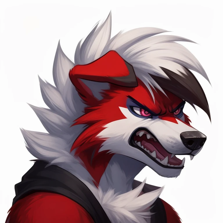 anthropomorphic, male, midnight Lycanroc, detailed eyes, detailed hands, fluffy, angry, growling, headshot, sticker, white background
