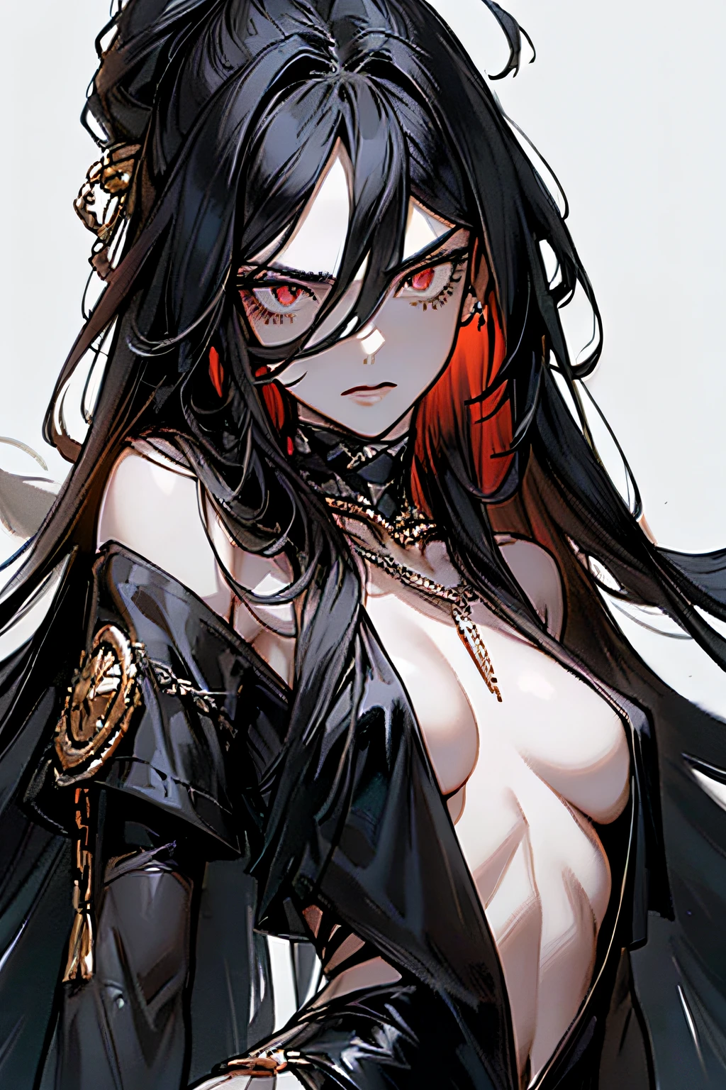 (((long strands of hair in front of face, hair strands between eyes))) (best quality, masterpiece, colorful, dynamic angle, highest detailed) (official art, extreme detailed, highest detailed) (long straight black hair, hair covering face, pale skin, dark makeup, red eyes that do not glow) serious expression, angry eyes, furrowed brow, extremely long straight dark hair, small breasts, tired eyes, wearing pelvic curtain, black clothes, chains, bracelets all over arms, hair in front of face, (((very slender body, petite))), haughty expression, bored, revealing clothing, chain mail bikini, visible thong straps, very long hair, hair in front of face, , face covered by hair, hair between eyes, holding katana,