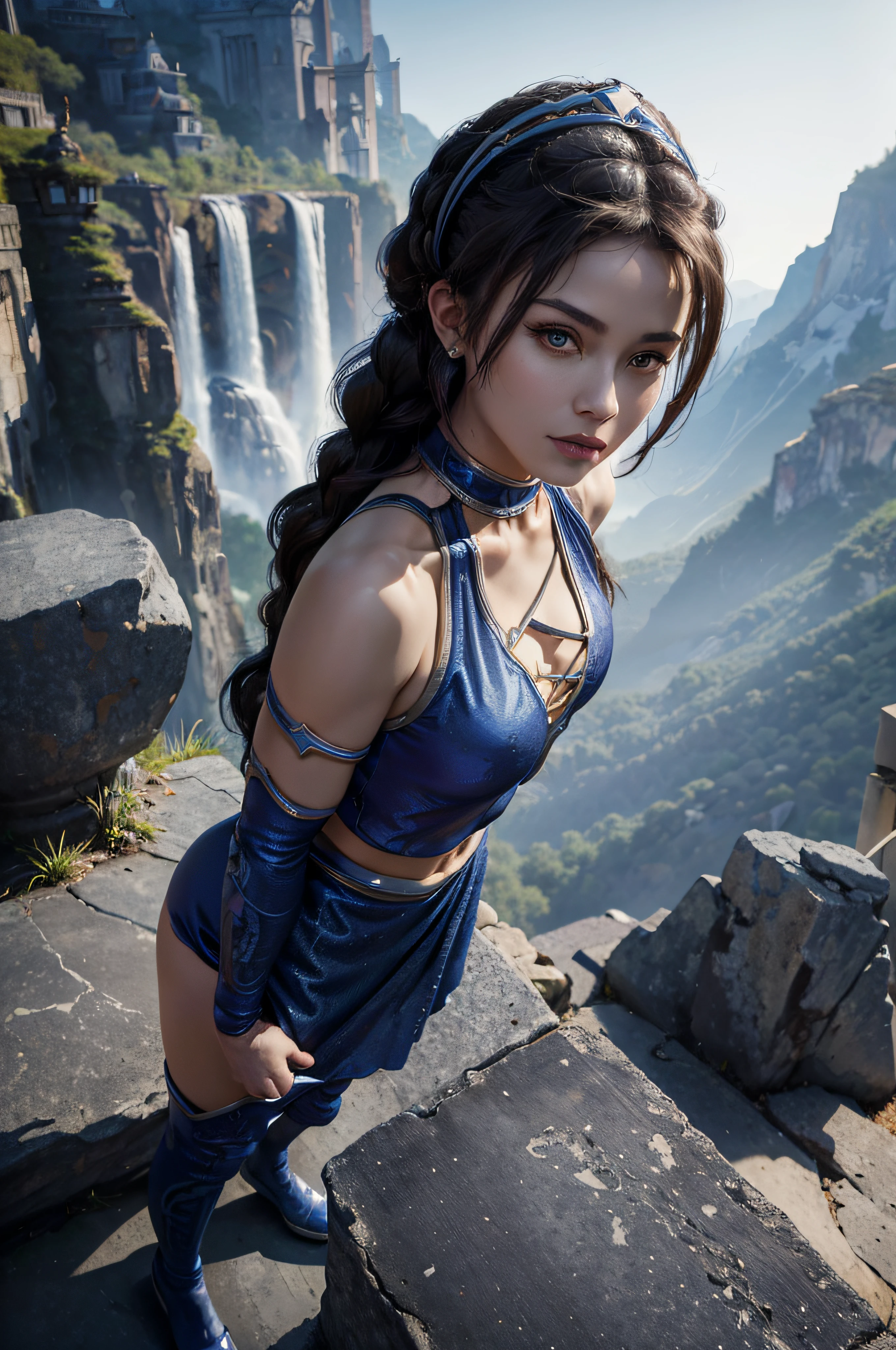 (masterpiece), best quality, expressive eyes, perfect face, highres, (ultra details), 1 girl, solo, kitana, braid, thighhighs, hair ornament, eyeshadow, breasts, no mask, armor, shoulder armor, elbow gloves, standing, Buddhist temple background, full body, portrait, looking at the viewer, from above, posing