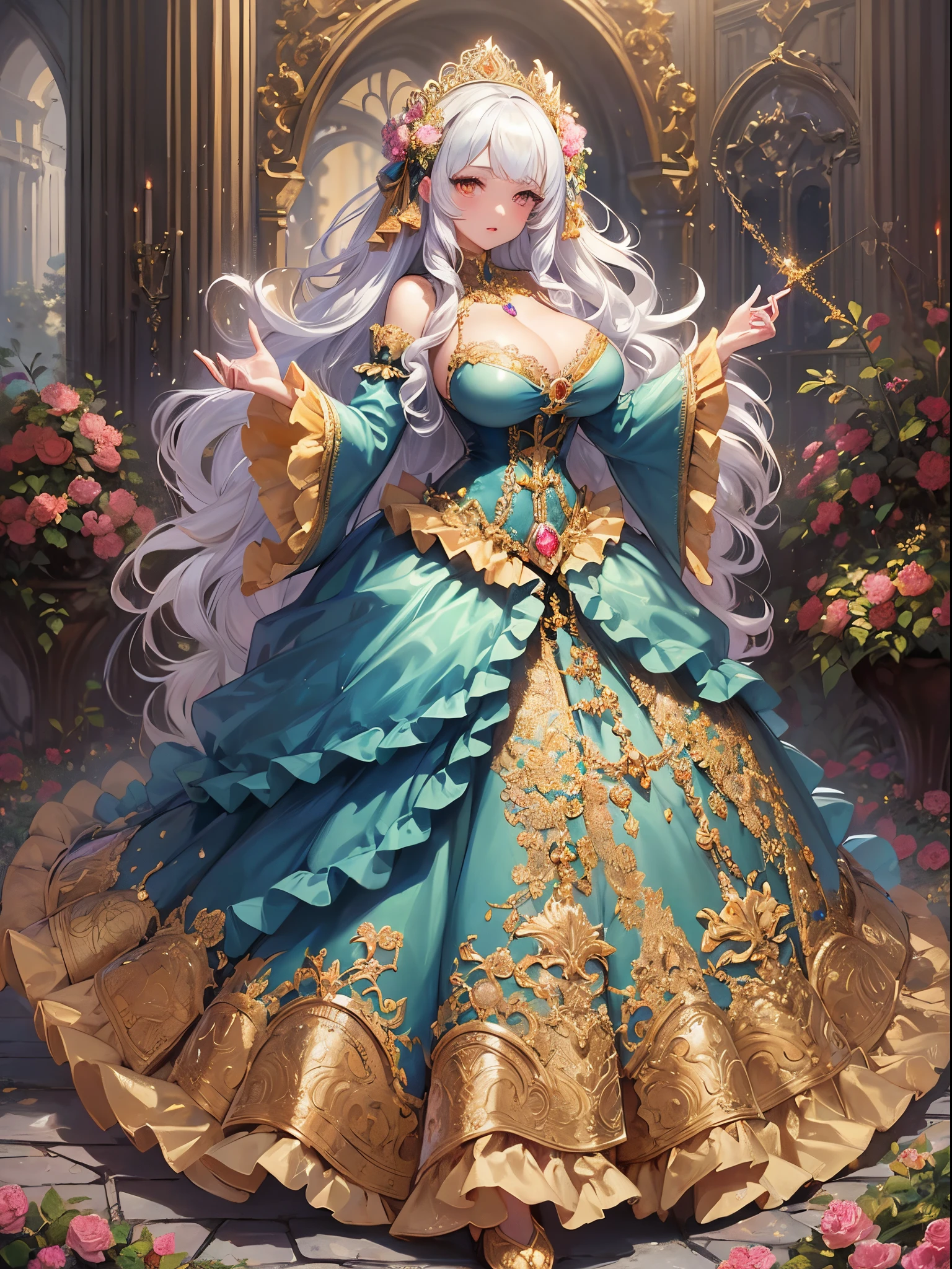 anime artstyle,Masterpiece,(Best Quality), (Super Detail),(Very Delicate and Beautiful),(Solo),((full body portrait)),full body,full body portrait,(detailed face and eyes),jewel-like beautiful eyes,((1 princess in a beautiful embroidery and jeweled rococo princess ballgown with voluminous full length hoop skirt)),((fantasy castle,outdoors,outside the castle)),((Crinoline,Long Train)),super detailed gorgeous princess ballgown with voluminous full length hoop skirt,jeweled Gorgeous rococo princess ballgown with long train,jeweled Gorgeous rococo princess ballgown with long train,gorgeous rococo princess ballgown with beautiful embroidery and jeweled,((large amount of straight hair,extremely voluminous Very Long straight Hair,Absolutely Long Straight Hair)),(((very gigantic boobs,cleavage))),long_gloves,extremely gorgeousfull hair ornament,bling-bling extremely gorgeousfull jeweled tiara,luxurious jewelry,full body portrait