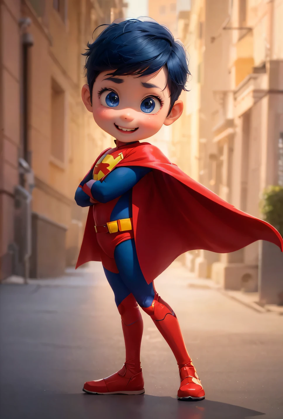 A happy and cute standing with short hair, Wear a superhero costume , barnett balloon background, Tom, pixar-style, ....3D, Cartoons, 详细的脸, Asymmetric 16k