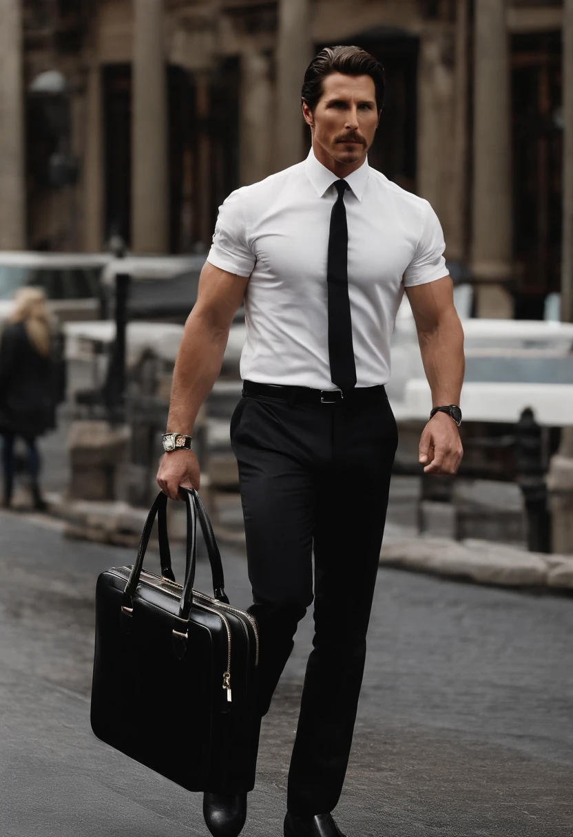 A sleek, black leather briefcase containing a set of shiny, custom-made business cards.,original,tall, muscular, well groomed with short stylish hair. always wearing designer business suits. looks like christian bale