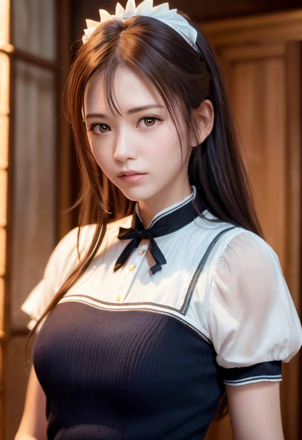 8K, of the highest quality, masutepiece:1.2), (Realistic, Photorealsitic:1.37), of the highest quality, masutepiece, Beautiful young woman, Pensive expression,、A charming、and an inviting look, Cute Maid Clothes, Hair tied back, Cinematic background, Light skin tone