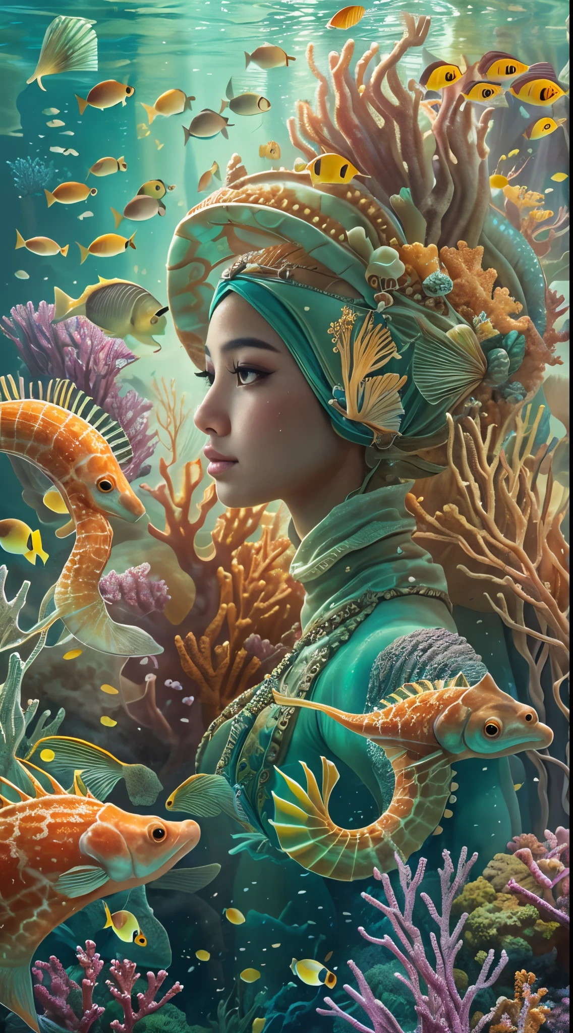 Craft a surreal underwater scene with a Malay girl in hijab riding a majestic seahorse through a magical coral reef. Illuminate the underwater world with a soft, ethereal glow, and incorporate mythical sea creatures around them. Create a sense of wonder and fantasy, emphasizing the harmony between the girl, the seahorse, and the enchanting marine environment. Use vibrant colors, dreamlike lighting, and intricate details to bring this underwater fantasy to life