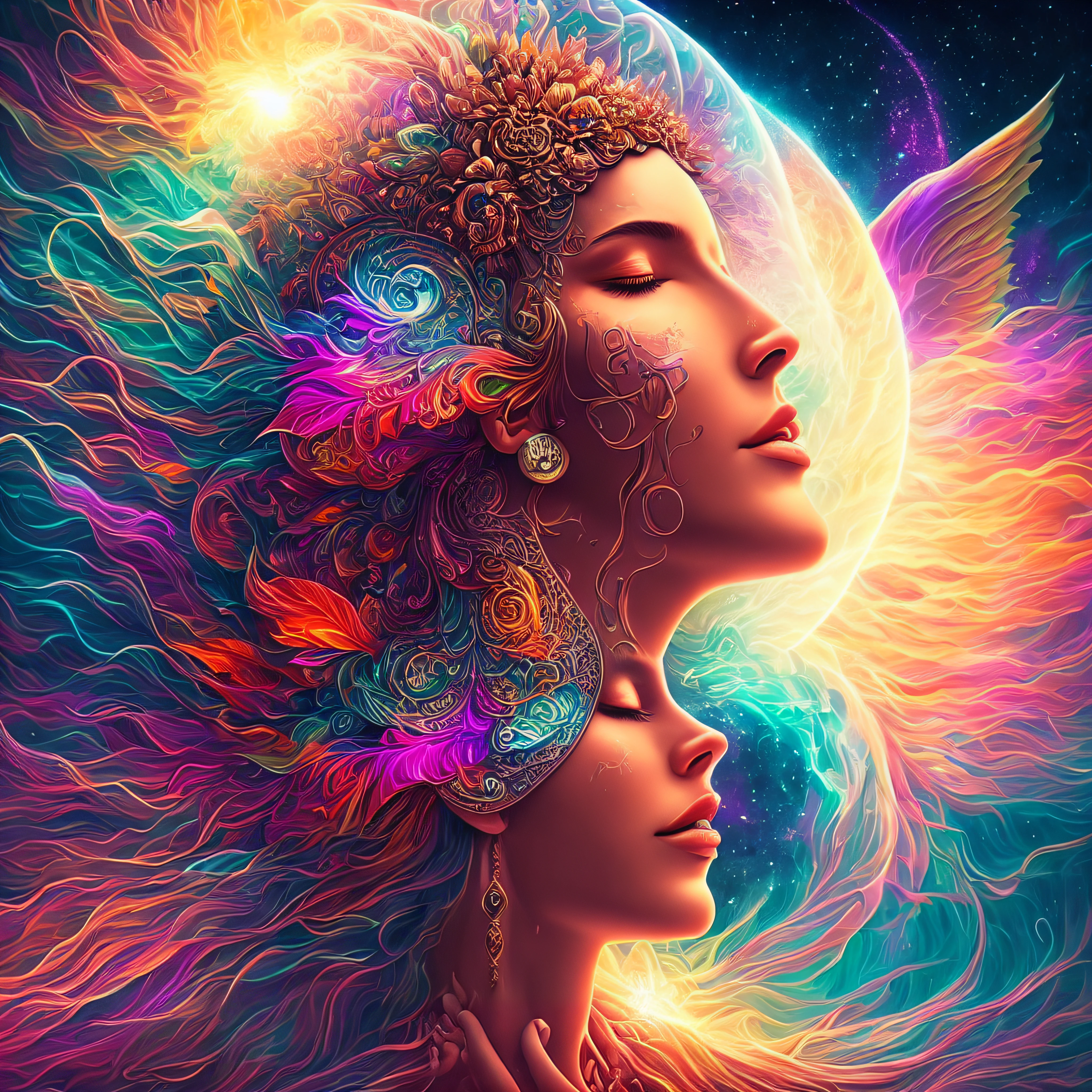 Plunge into the ether flowing with the eternal soul through the vibrations of love, Everything is connected, Flowing energy, spiritual, divine, Dreams, cosmic, concept-art, Blowing the mind, Female beauty, god, Pineal gland, dreamlikeart