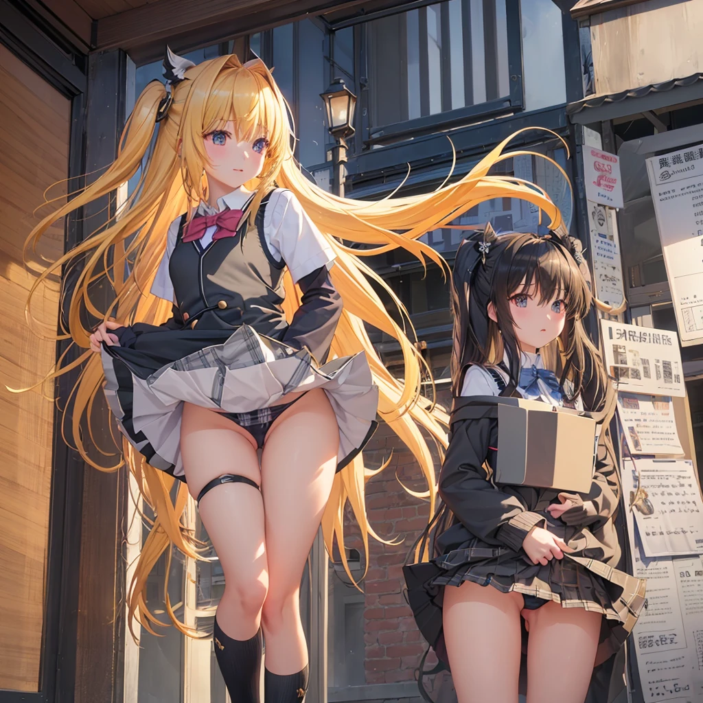 (masuter piece:1.6、top-quality)、(Fine and beautiful:1.2)、1 daughter、Long、独奏、student clothes、hair adornments、hair between eye、Two-side-up、a blond、Super long hair、skirt by the、Akame、thigh strap、Sweater Vest、plaid skirts、Plaid、sox、Two-side-up、hair adornments、pleatedskirt、knee high、skirt rift、street corner、Bustling street、natta