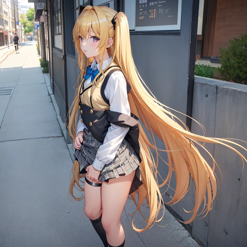 (masuter piece:1.6、top-quality)、(Fine and beautiful:1.2)、1 daughter、Long、独奏、student clothes、hair adornments、hair between eye、Two-side-up、a blond、Super long hair、skirt by the、Akame、thigh strap、Sweater Vest、plaid skirts、Plaid、sox、Two-side-up、hair adornments、pleatedskirt、knee high、skirt rift、street corner、Bustling street、natta