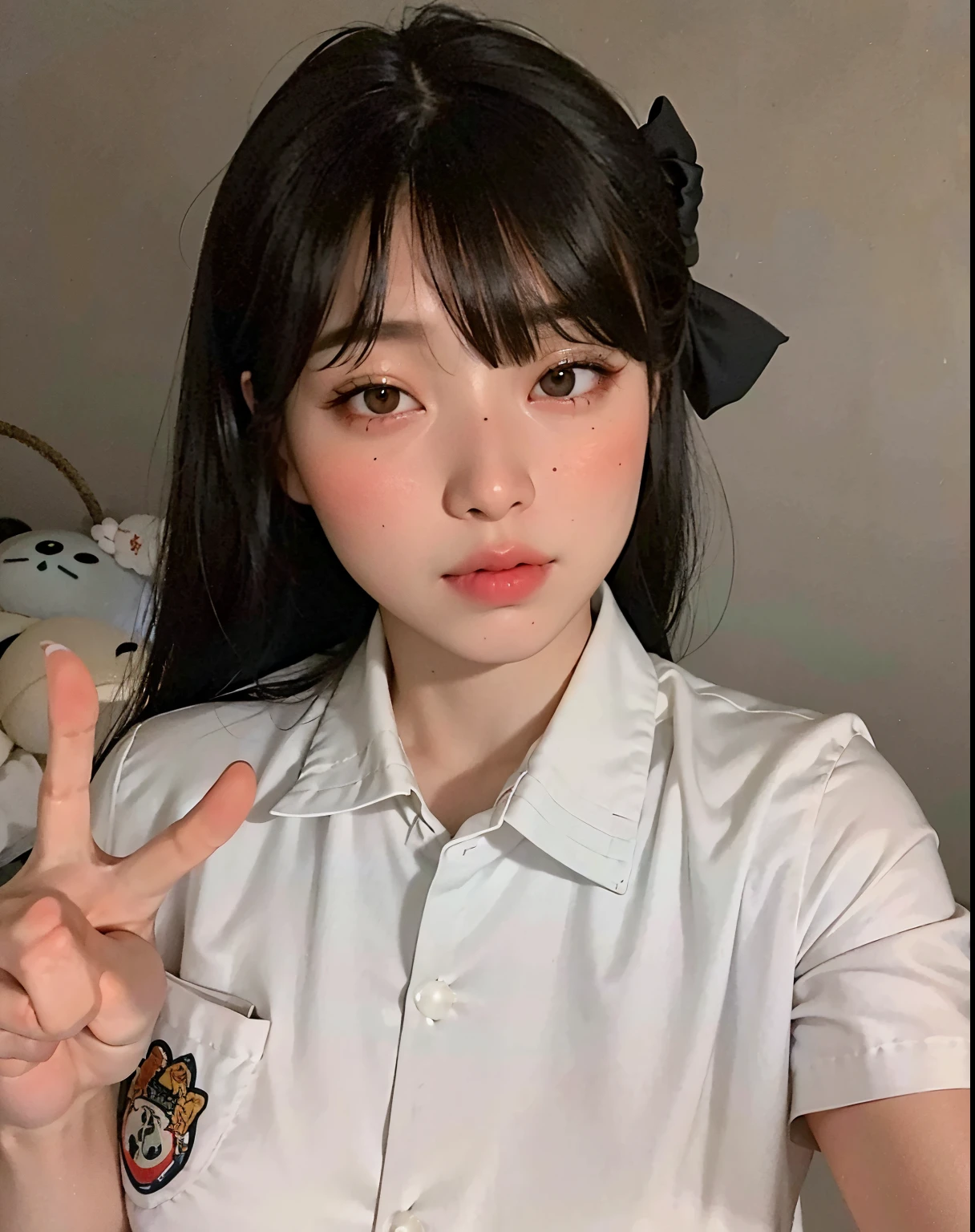 arafed asian girl in a white shirt making a peace sign, jaeyeon nam, korean girl, ulzzang, lalisa manobal, wan adorable korean face, kim doyoung, profile pic, she has black hair with bangs, jinyoung shin, headshot profile picture, ruan cute vtuber, heonhwa choe, 8k selfie photograph
