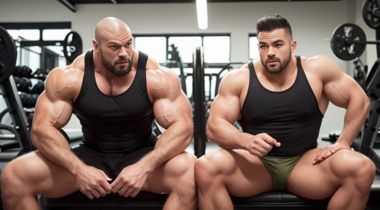 (Very detailed 8k wallpaper), two bodybuilding men, muscle worship, arms folded, At the gym, high detailing, buzzcut, very large and strong body, bulging muscles, well-muscled, very large pectoral muscles. Very sexy abs, legs are muscular, Toned figure, lightens oily skin, muscular, Tank top, T-shirt, longshot, Wide Shot