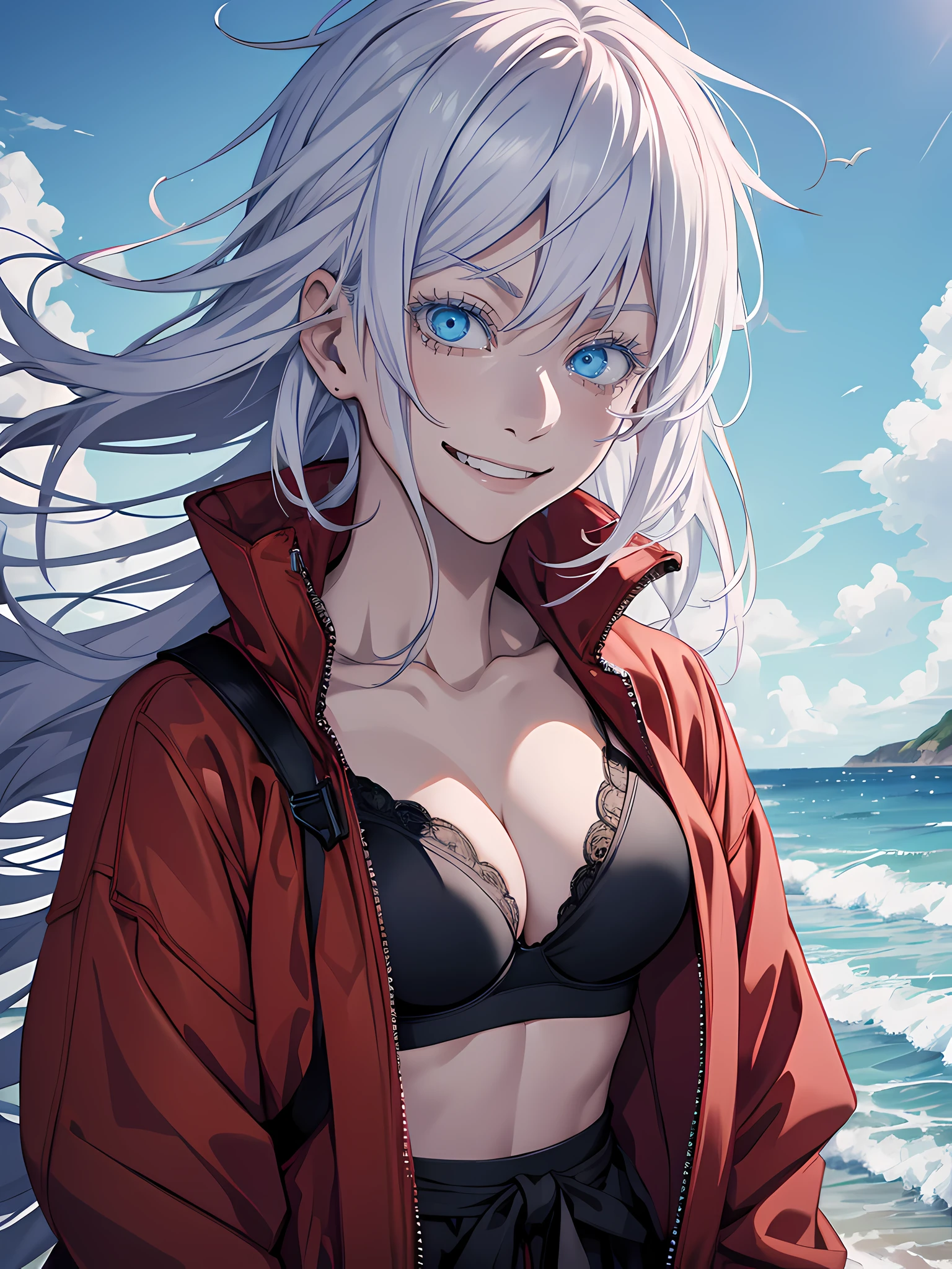 Woman, famale version, female, jujutsu kaisen, solo, alone, happy, smiling white hair, bangs, long hair, white eyebrows, white eyelashes, light blue eyes, wearing bra, red jacket, beach, high quality, 4k resolution, anime