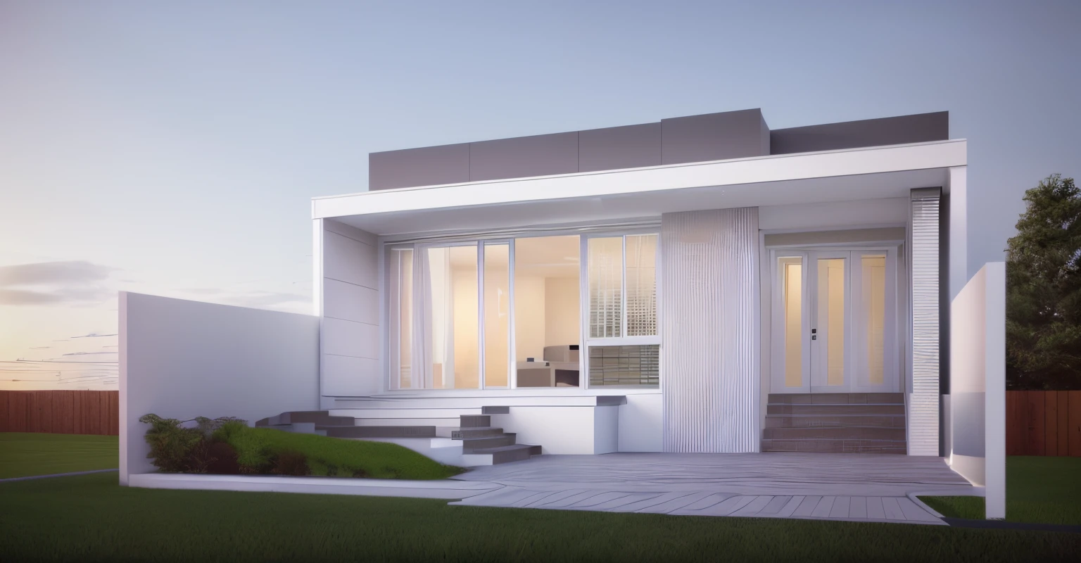 a rendering of a small house with a green lawn in front of it, 3/4 view realistic, digital rendering, 3 / 4 view, 3/4 view, 3 d rendering, 3d rendering, concept house, detailed rendering, detail render, all white render, comprehensive 2 d render, residential design, in style of simplified realism, architectural render, 3 d renders