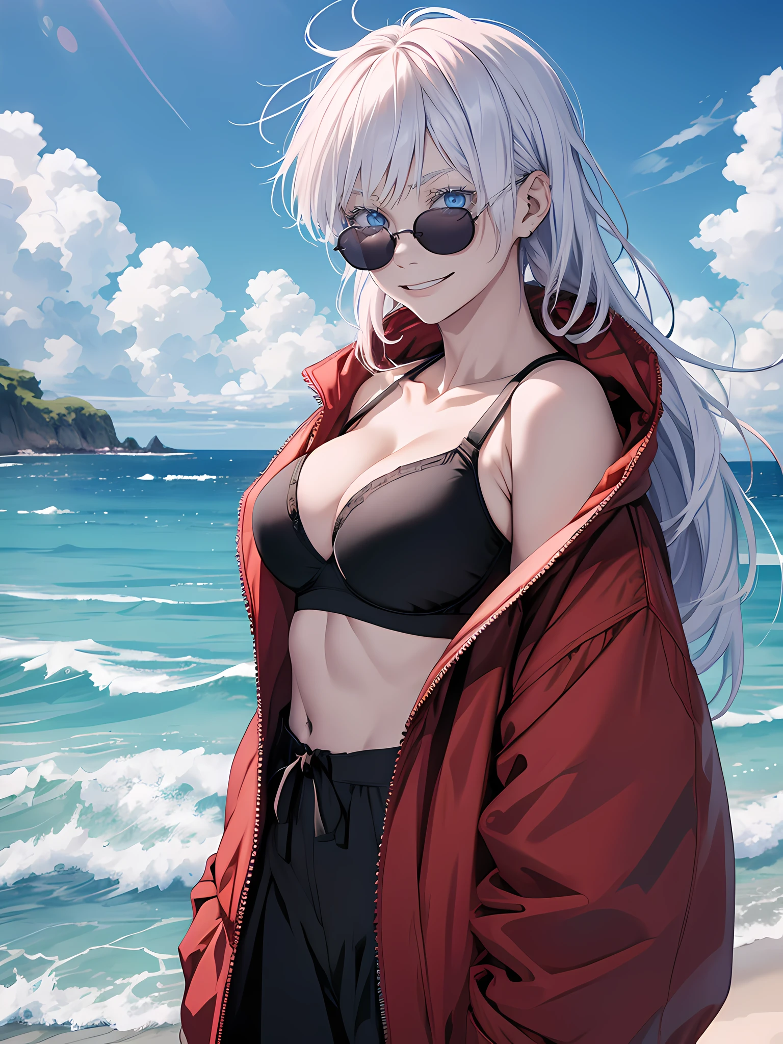 Woman, famale version, female, jujutsu kaisen, solo, alone, happy, smiling white hair, bangs, long hair, white eyebrows, white eyelashes, light blue eyes, wearing round sunglasses, wearing bra, bikini, red jacket, beach, high quality, 4k resolution, anime