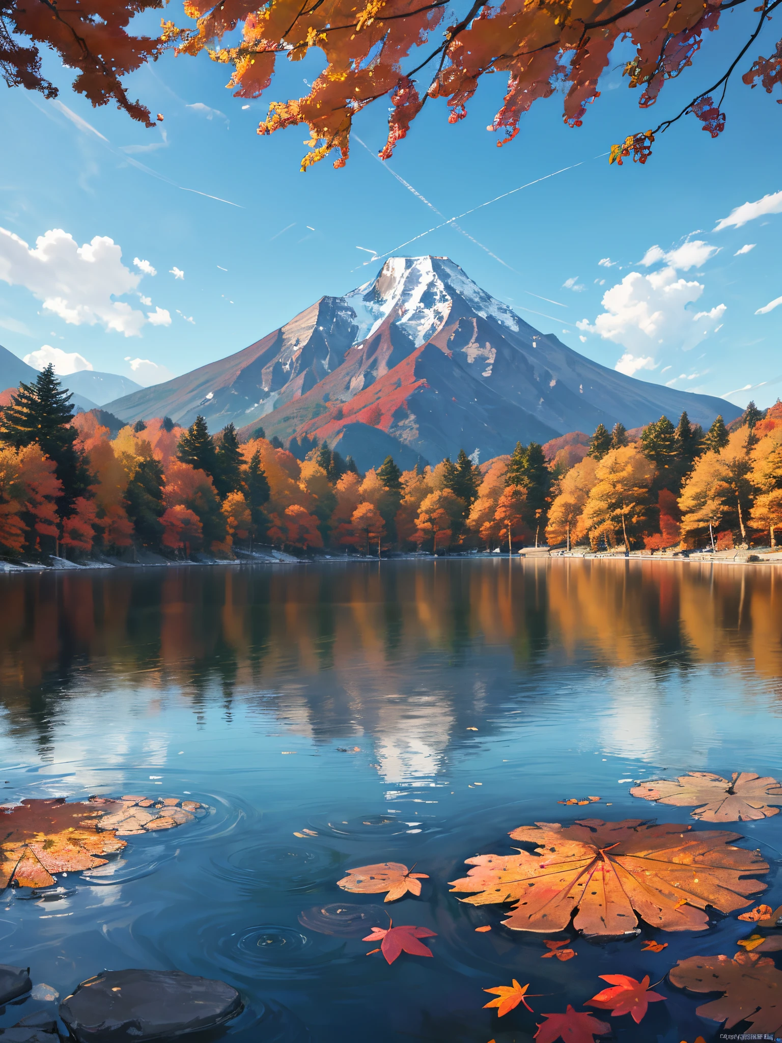 High-resolution, detailed photographic images with a professional touch, taken at the peak of the fall foliage season at Kagami Pond in Togakushi, Nagano. The resolution is over 16K, and every detail is clearly reproduced. Beautifully capture the reflection of light on the surface of the water and the reflection of the autumn colored trees in Kagami Pond. The image was taken under natural light during a bright autumn day, with mountains in the distance, whose tops are white with the first snowfall, clearly and colorfully captured.