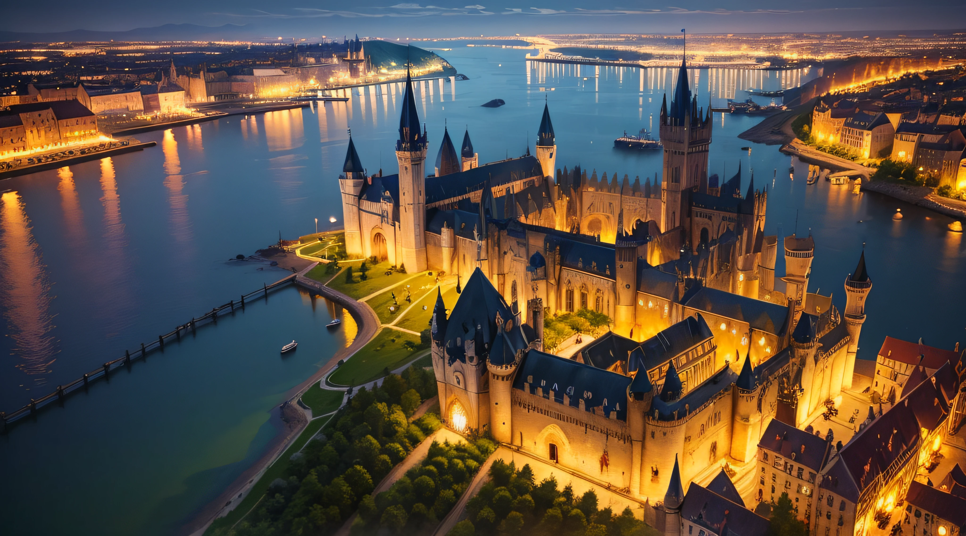 a fantastic medieval city with its majestic castle at night (view from above)